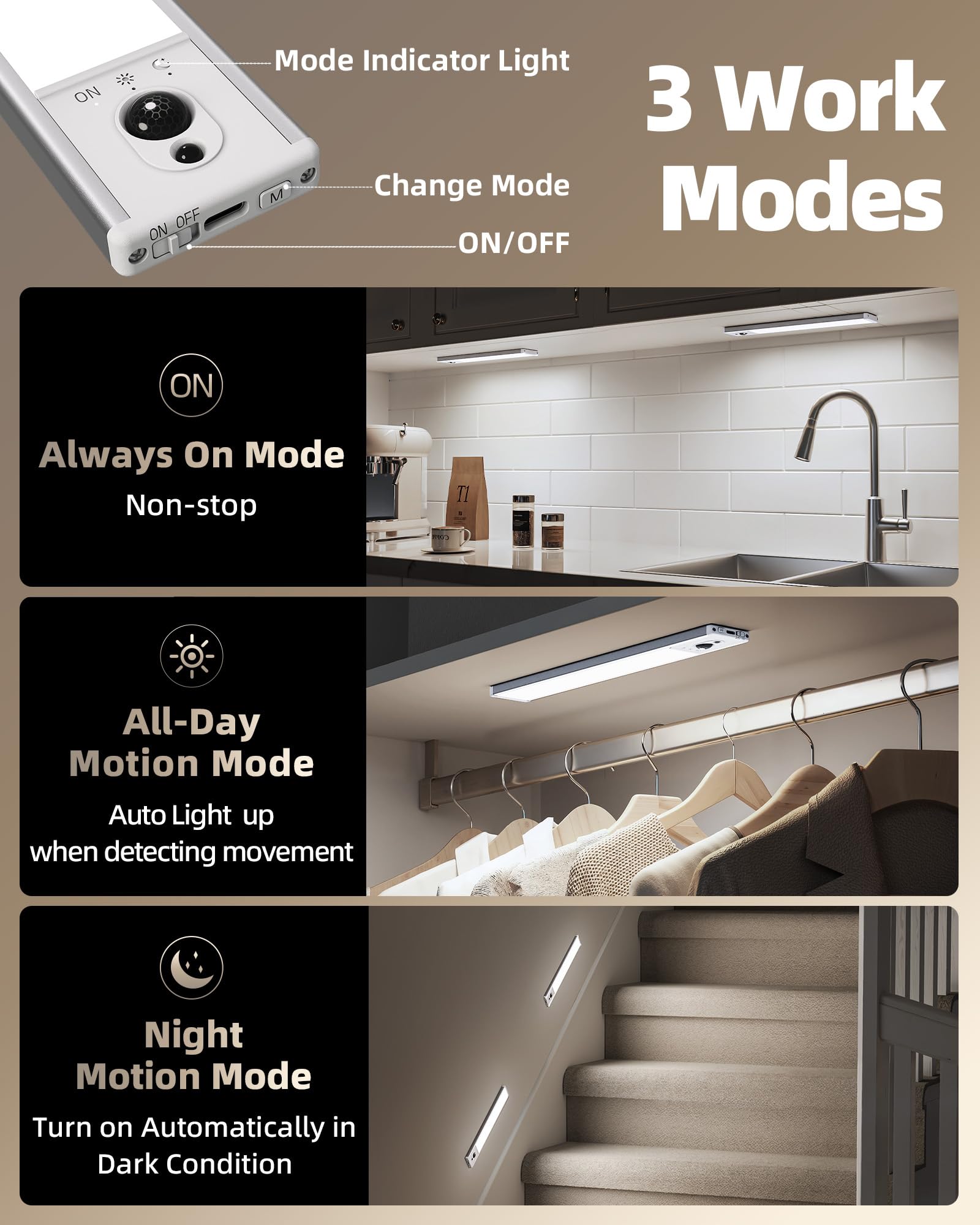 EZVALO 5-Pack Under Cabinet Lighting, 2400mAh Motion Sensor Light - EZVALO Official Product View 6