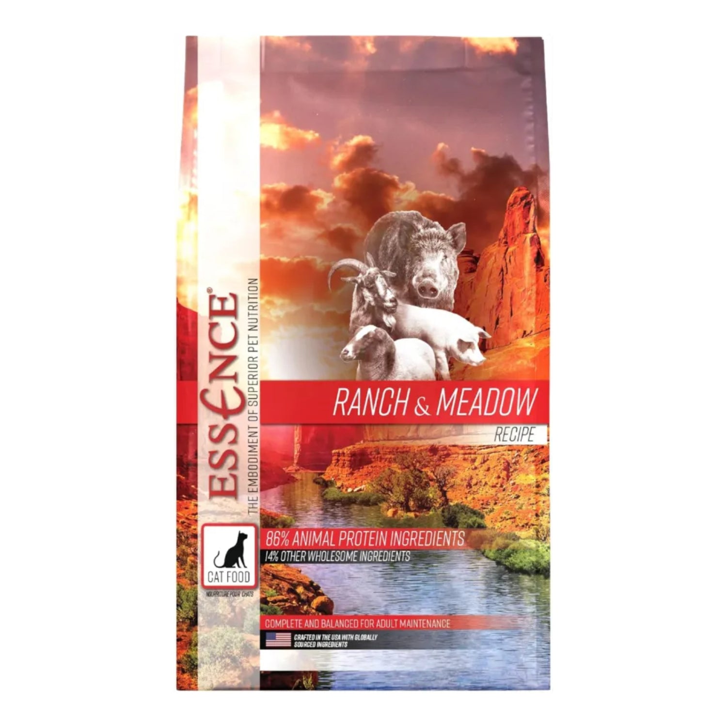 Essence Ranch & Meadow Cat Recipe dry cat food bag with colorful packaging and images of fresh ingredients.