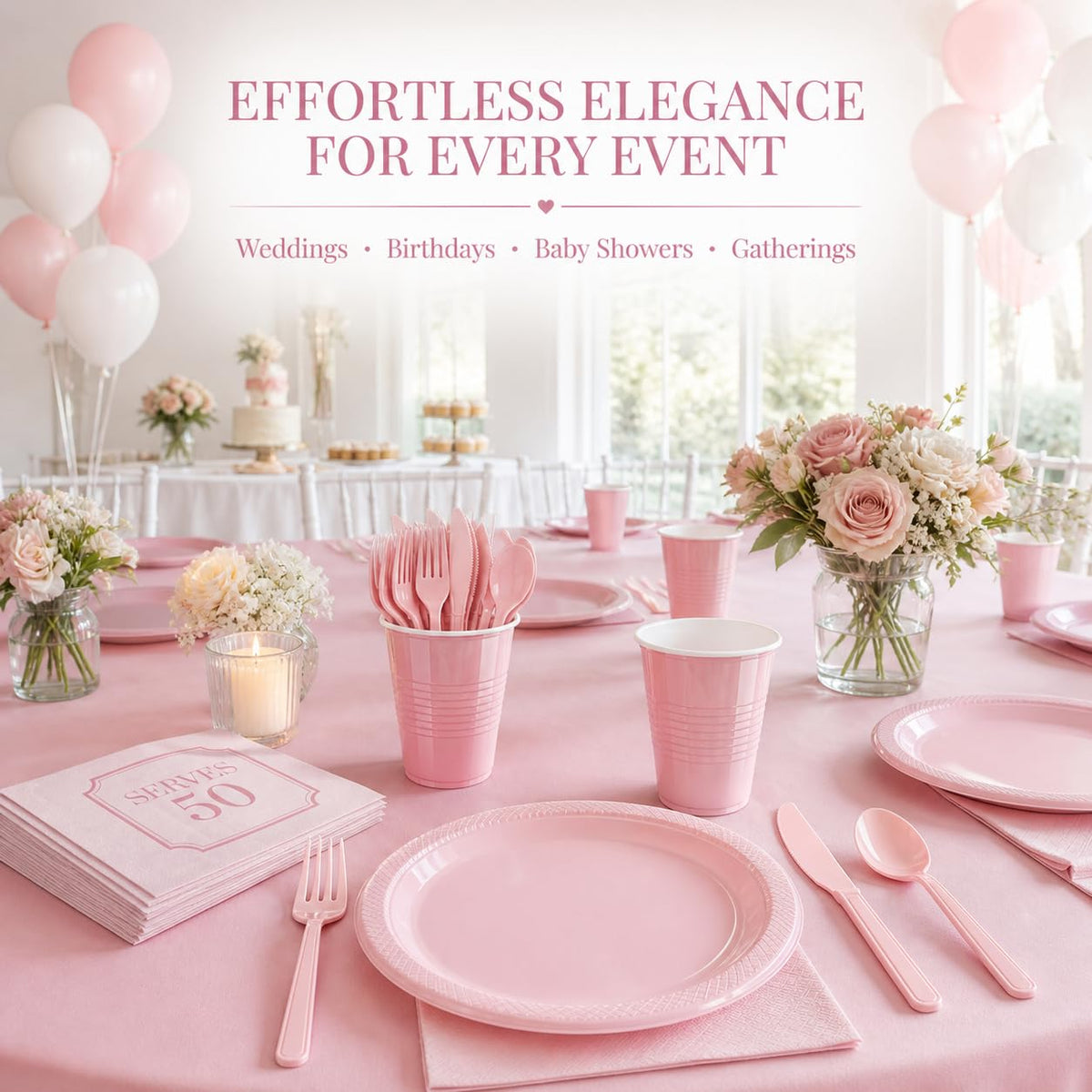 Tinybee 352 Pcs Pink Plastic Plates Disposable Dinnerware - Tinybee Official Imagery - 3