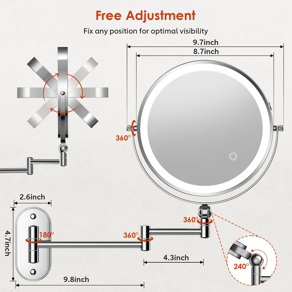 ZLOKLA 9 Wall Mounted Lighted Makeup Mirror 4000mAh - ZLOKLA Official Imagery - 3