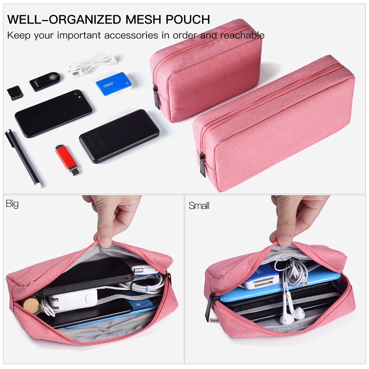 2-PACK Accessories Bag for Women Ladies Travel Organizer, Big+Small Portable Storage Bag Pouch Electronics Accessories Carrying Case Cosmetic Bag for Hard Drive, Mouse, Cable, Adapter, Cellphone, Pink
