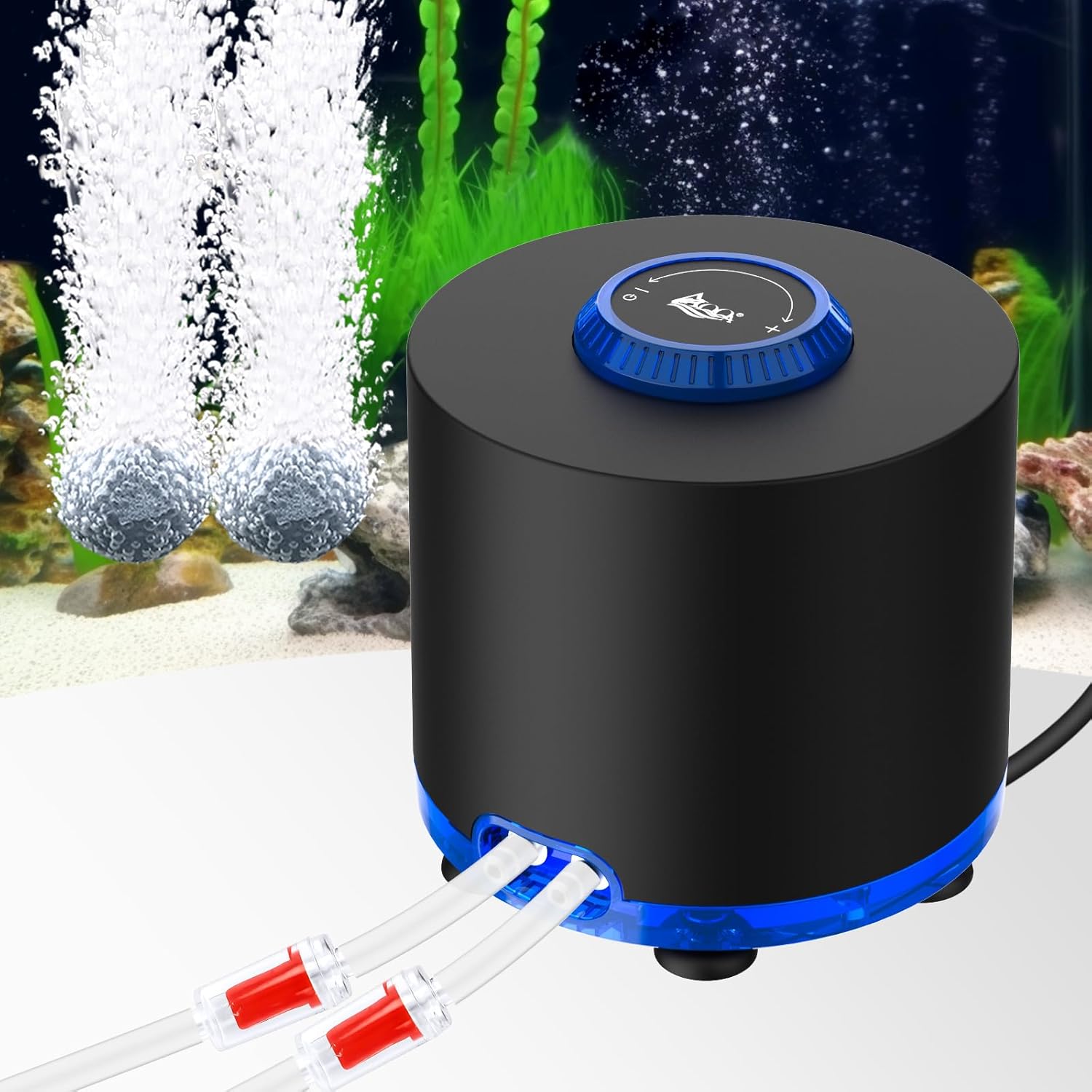 AQQA aquarium air pump with a compact, tubby design, featuring a 3W motor for quiet, powerful aeration in fish tanks.