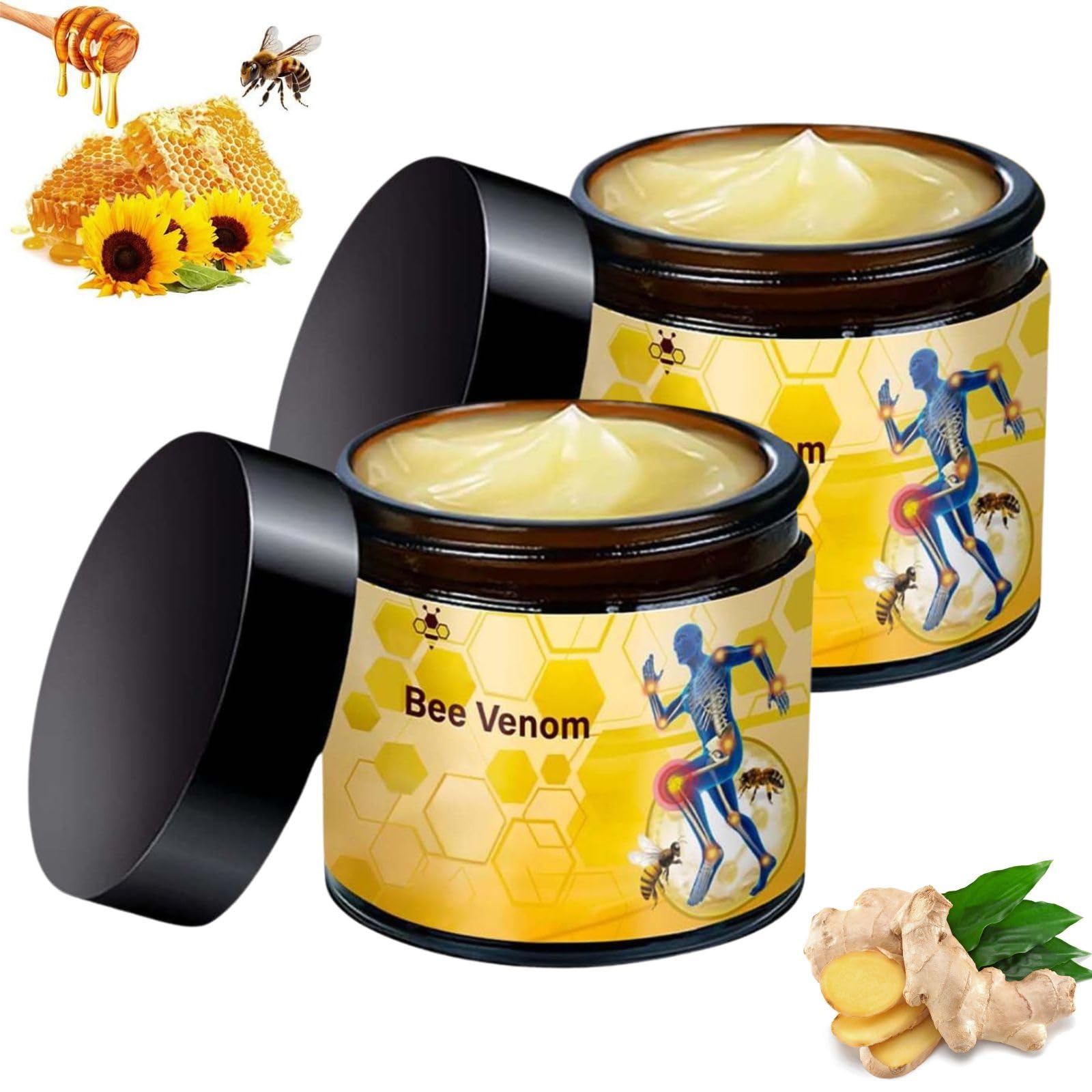 OBRVE Bee Venom Cream for back, neck, and joints in two bottles, showing the skincare cream container and label.