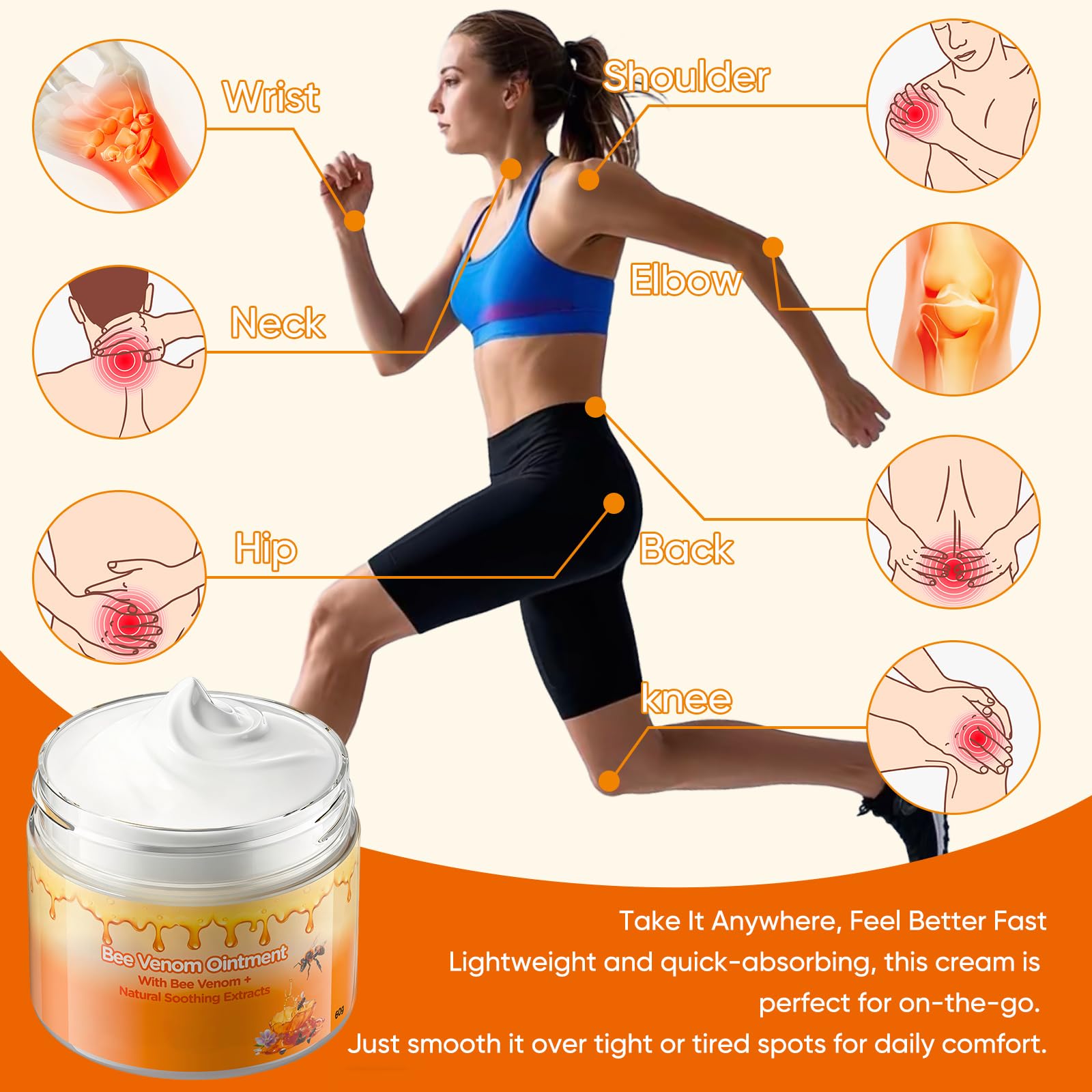 OUPEICHARM Bee Venom Warming Cream for back and knees, moisturizing skin with natural bee venom, in a skincare container.
