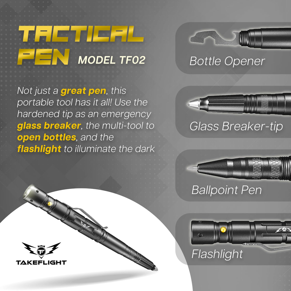 Tactical Pen Self Defense Survival EDC Pen with LED - TF TAKEFLIGHT Official Imagery - 3