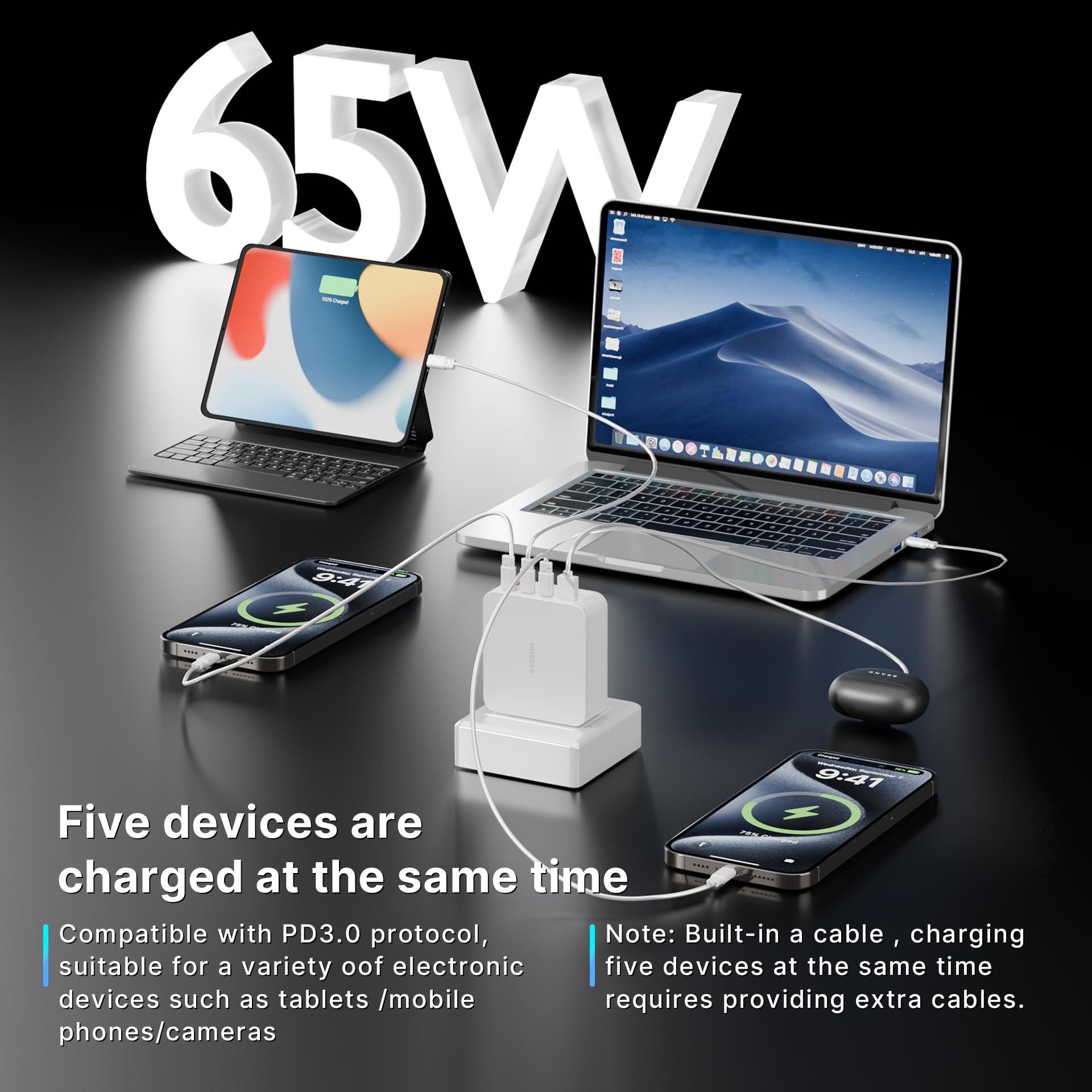SYSSHN 65W GaN6 retractable wall charger with 66.9-inch USB-C cable, foldable plug, compatible with MacBook, iPhone, Samsung, Switch, iPad Pro