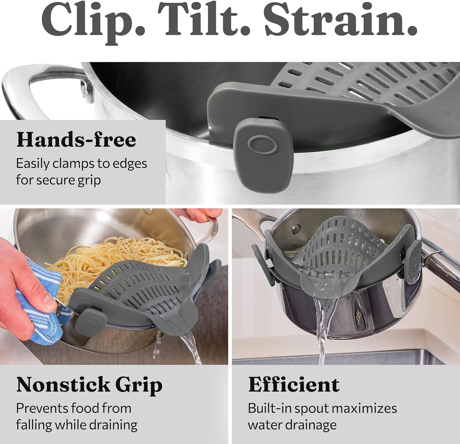 Kitchen Gizmo Snap N' Strain - Silicone Pasta Strainer Clip-On for Pot - View 6