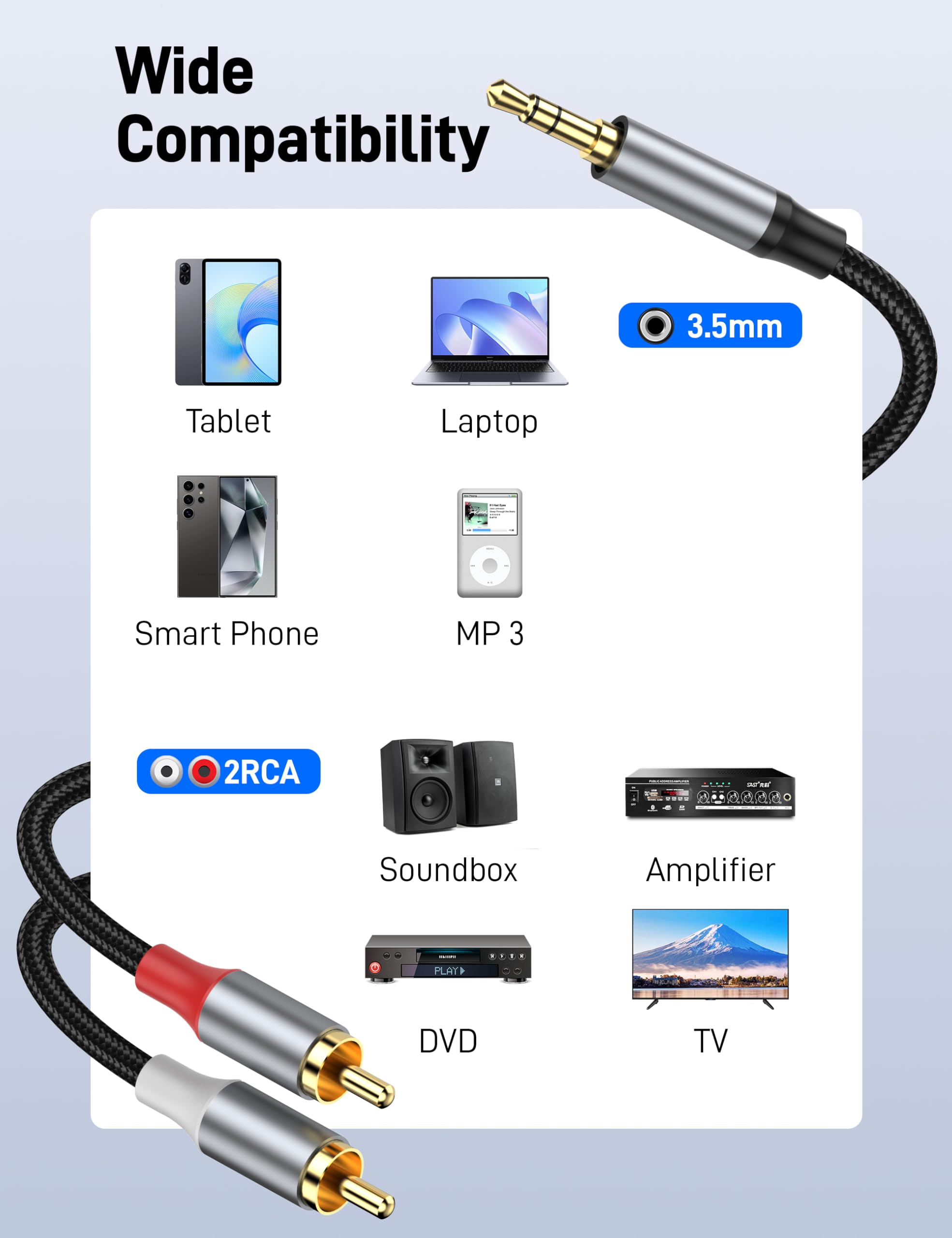 KAYQINHO 3.5mm to RCA Cable 6.6FT, Auxiliary to RCA Headphone Mal by KAYQINHO - Angle View 4
