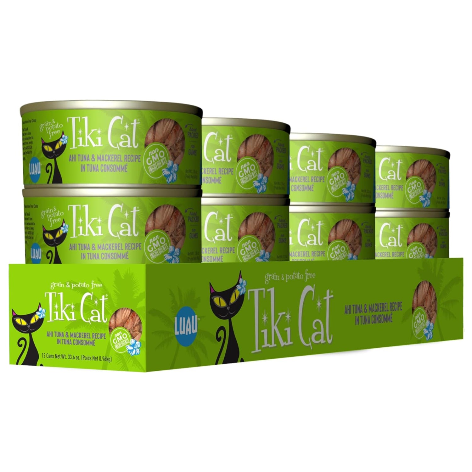 Tiki Cat Papeekeo Luau canned cat food for adult cats, 2.8 oz cans, pack of 12, with colorful label and TIKI PETS branding