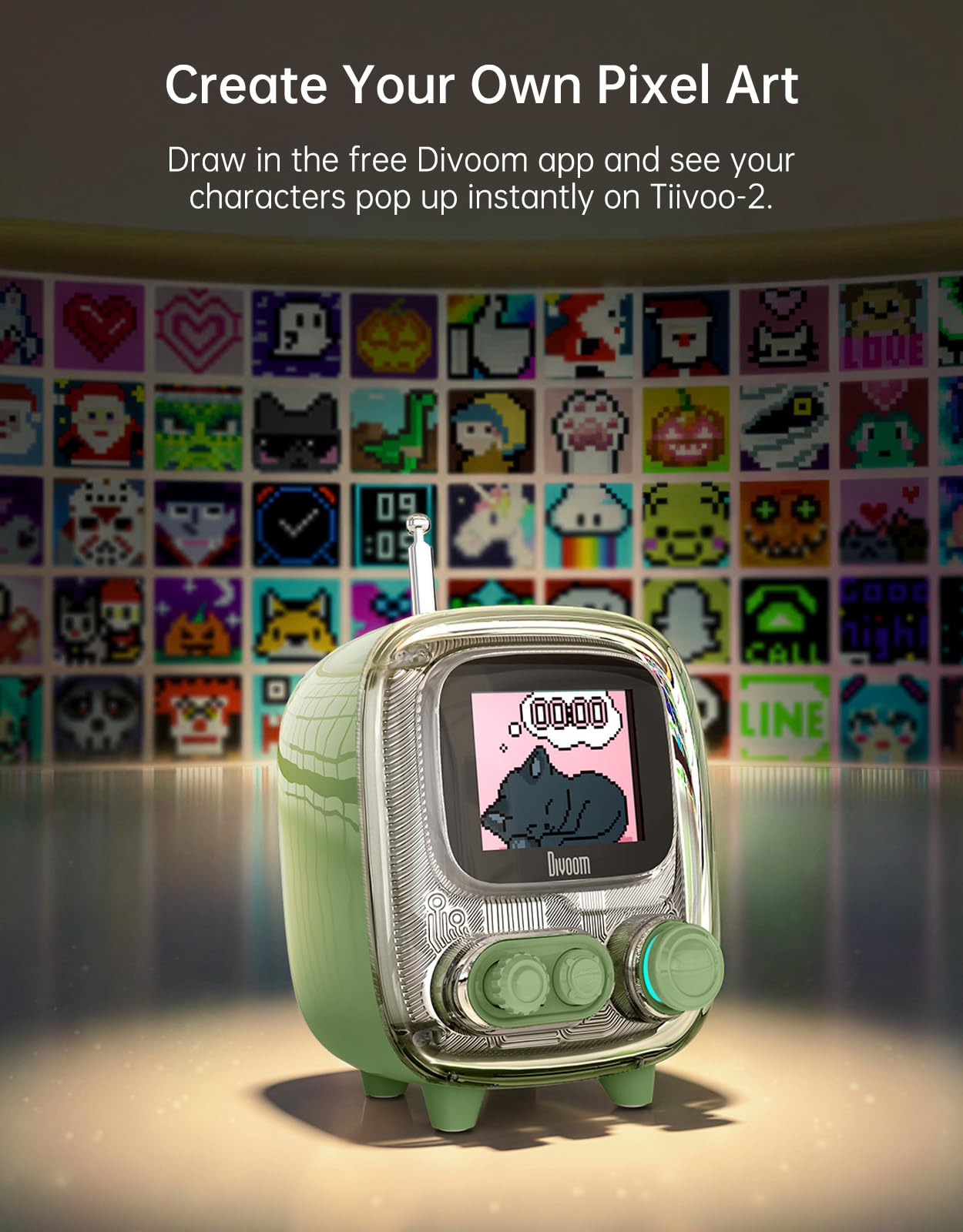 Divoom Tiivoo-2 Retro Bluetooth Speaker, FM Radio, Pixel Art Display, Green - Divoom Official Product View 4