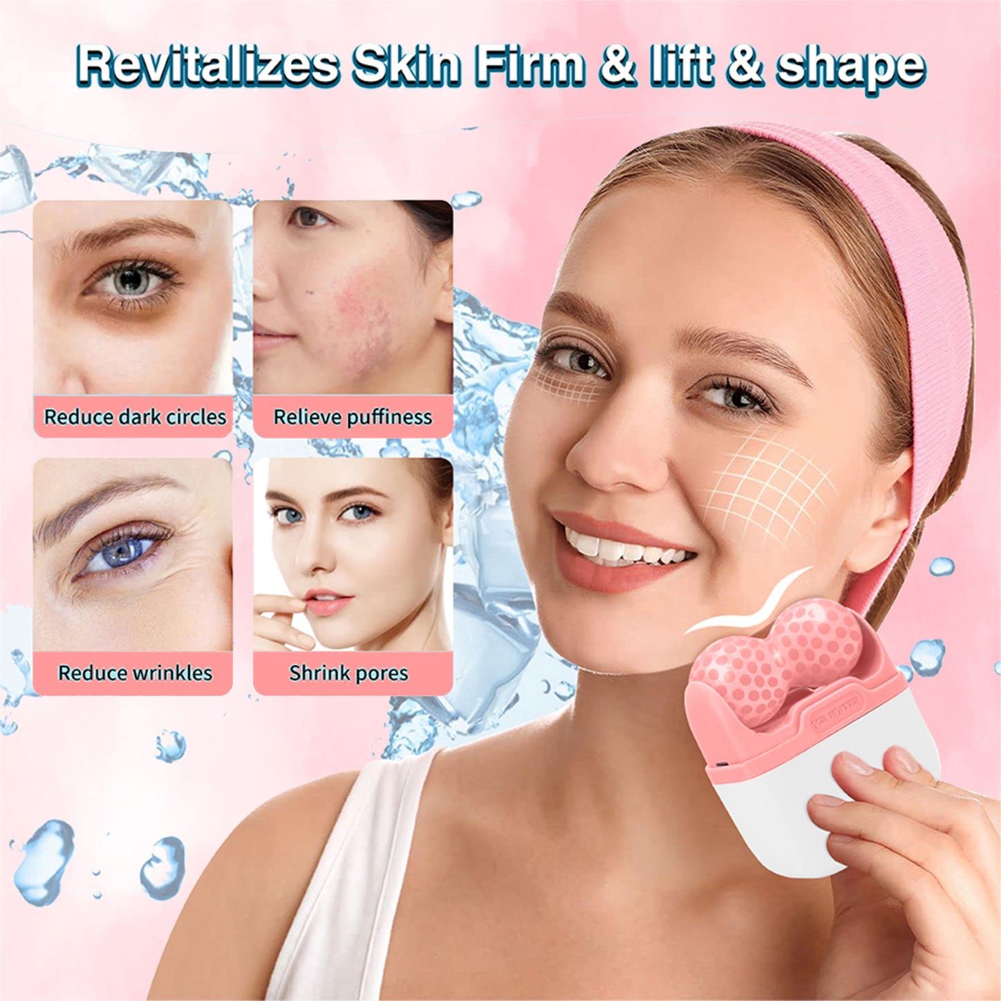 Diougens Lee Ice Roller for Face & Eye, Puffiness & Migraine Relief 2-in-1 Stainless Steel Cold Therapy Facial Roller, Long Lasting Skin Care Tool - Pink