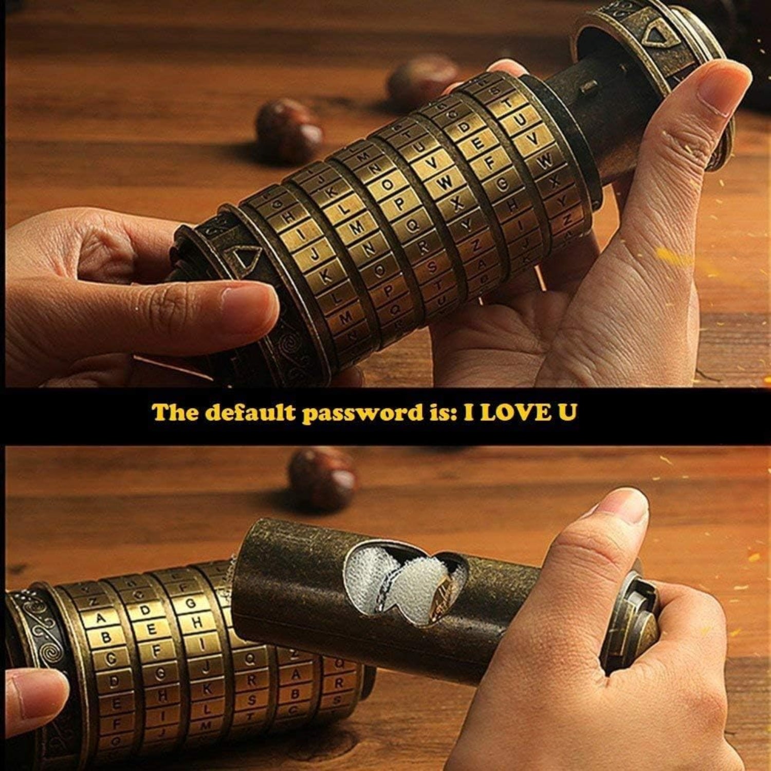 Mini Da Vinci Code Cryptex lock puzzle box by Coejokno with engraved design and hidden compartment for secret storage.