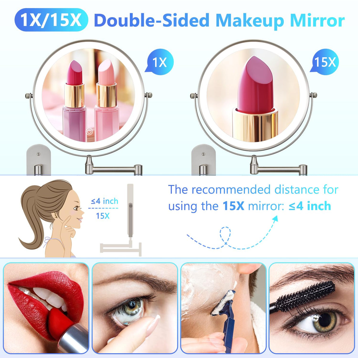 9 Wall Mounted Lighted Makeup Mirror Rechargeable 1X 15X - ALHAKIN Official Imagery - 7