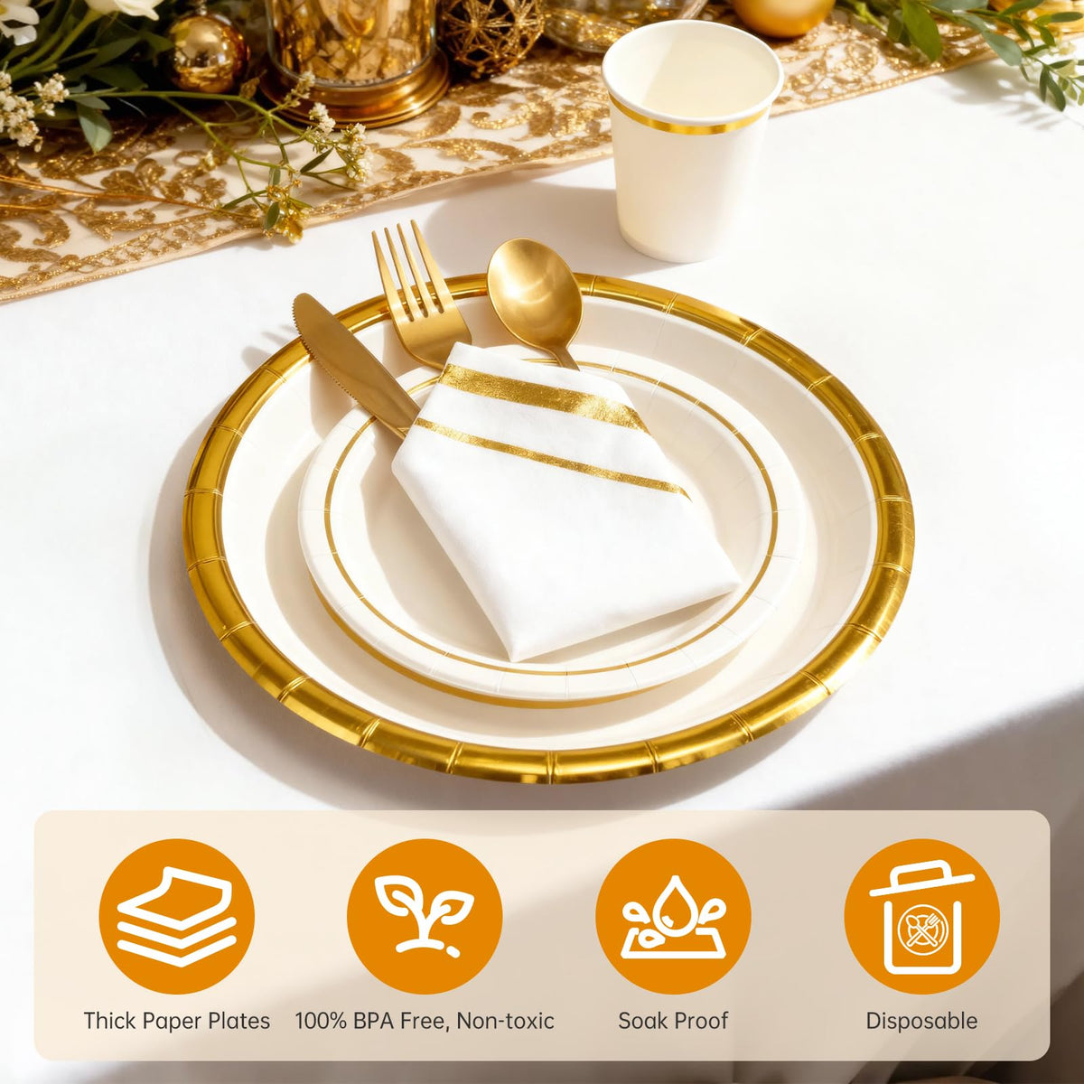 AIRE Gold White Paper Plates Set 175PCS Disposable Tableware - AIRE Official Imagery - 7