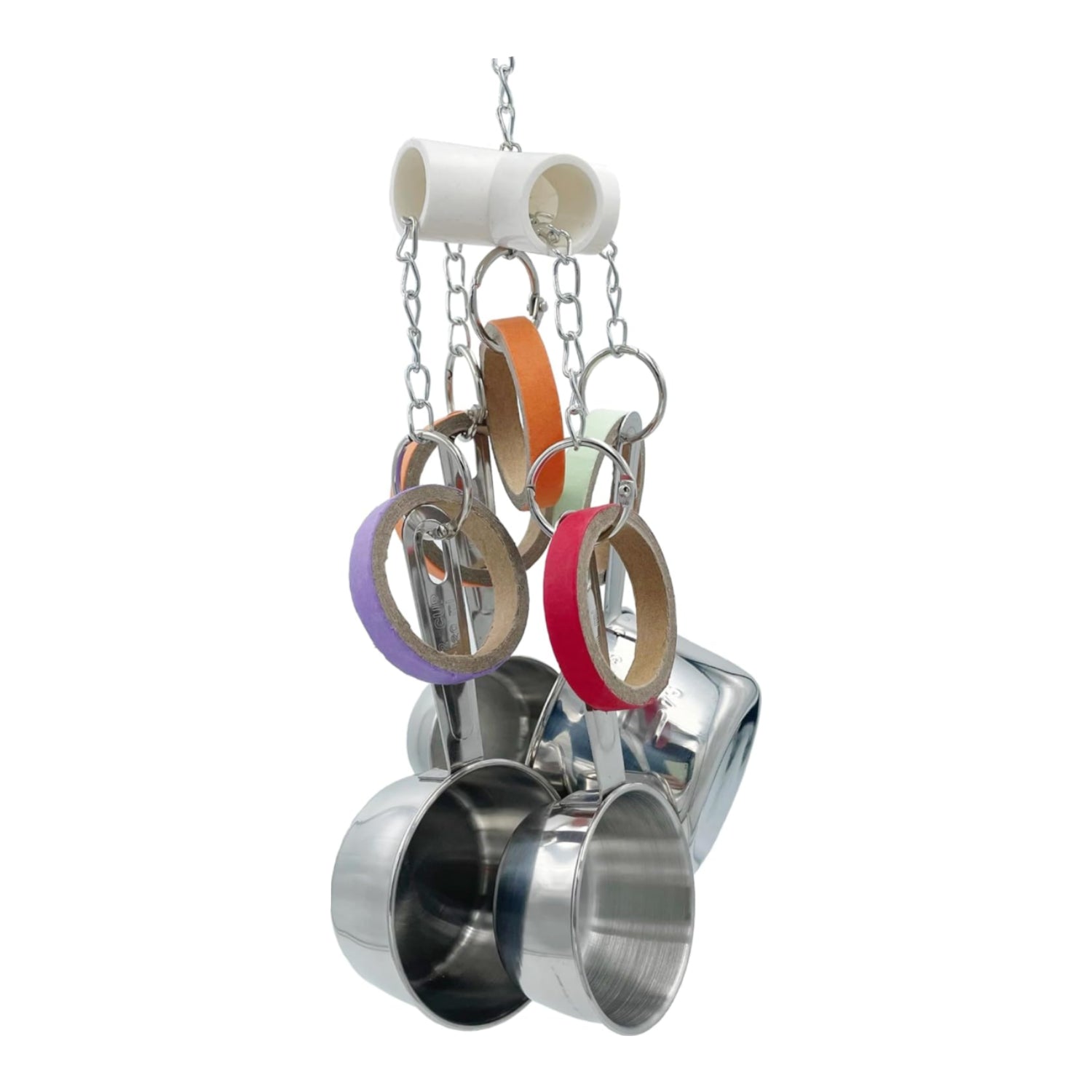 GILYGI durable bird toys with stainless steel cup and cardboard, including pullable bagel toys for parrots.