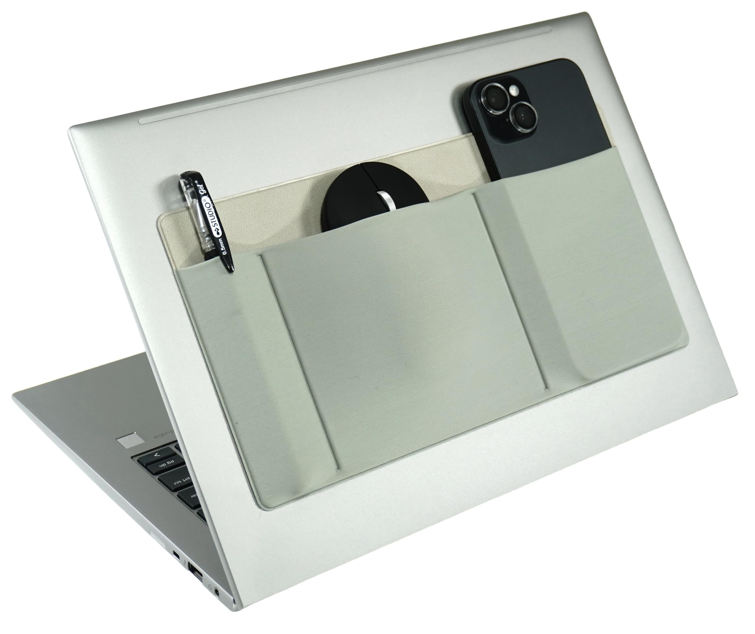Gray AMOZIFY 3-pocket laptop organizer caddy with mouse holder, adhesive pouch, and external hard drive sleeve for MacBook storage.