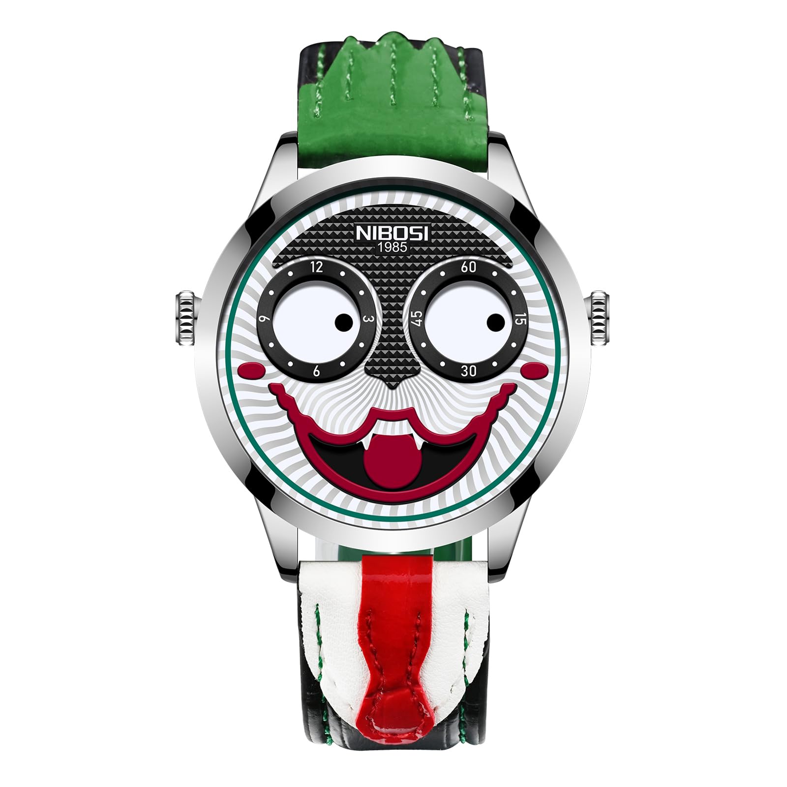NIBOSI Men's Analog Watch, Green Red Leather Strap, Clown Dial - Product Imagery