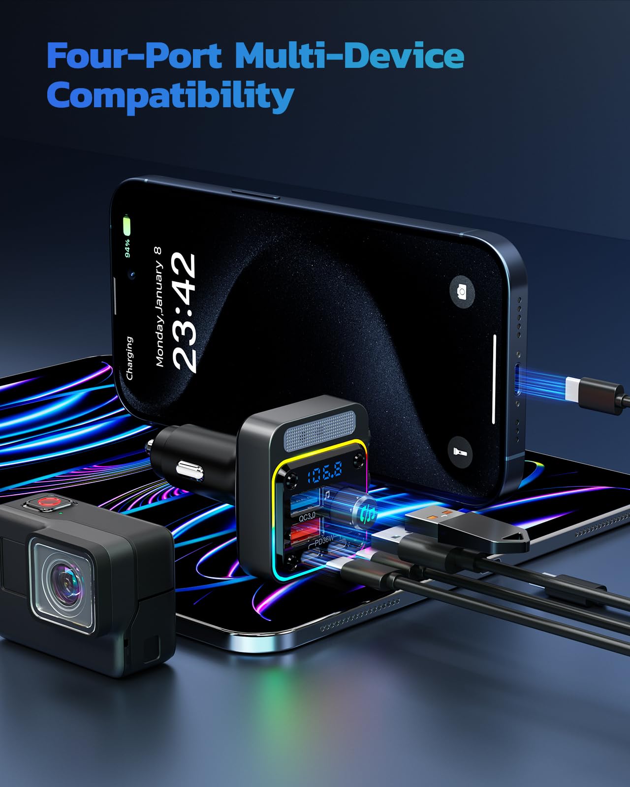 Nulaxy 54W Bluetooth 5.3 Car Adapter, FM Transmitter 4-Port Fast by Nulaxy - Angle View 6