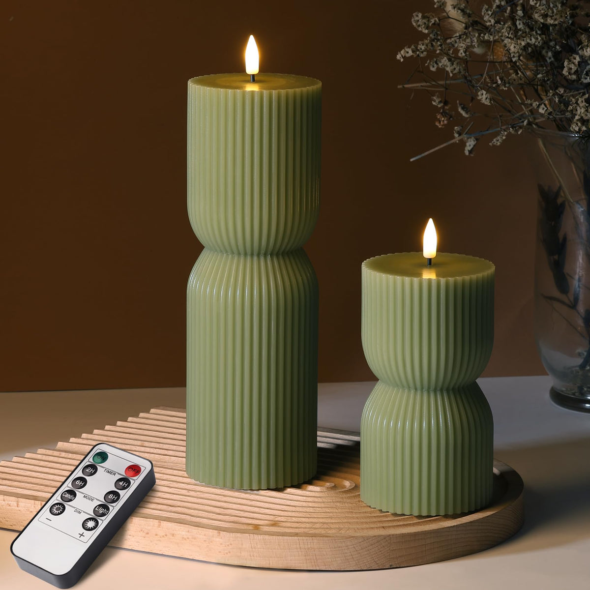 Olive Green Ribbed Flameless Pillar Candles with Remote Set - Girimax Official Imagery - 1