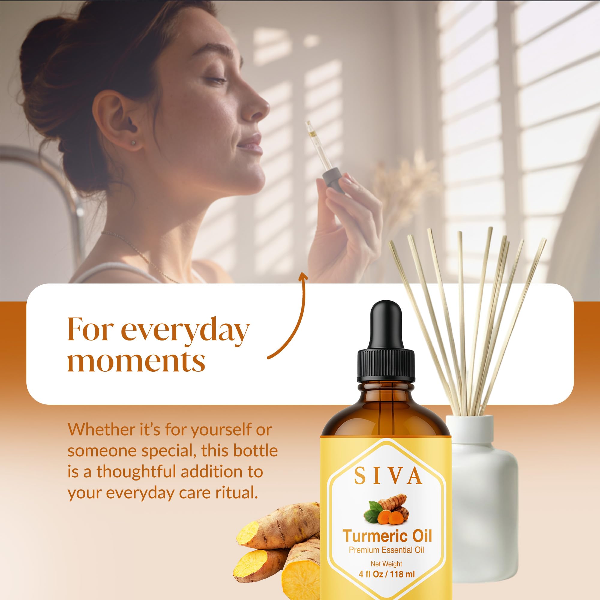 SIVA Organics turmeric essential oil in a 4oz glass bottle with dropper, showcasing the amber liquid inside.