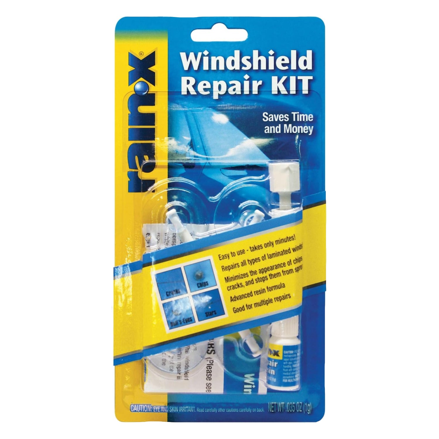 Rain-X windshield repair kit with durable resin, featuring tools for quick, easy fixes on cracked or chipped windshields.
