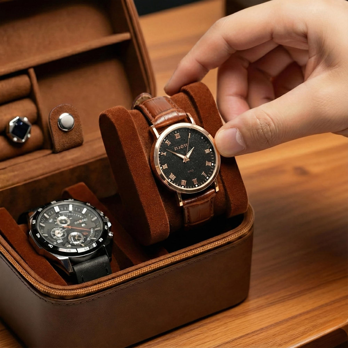 2 slots premium leather Watch travel Case Hard watch storage - AUKURA Official Imagery - 5