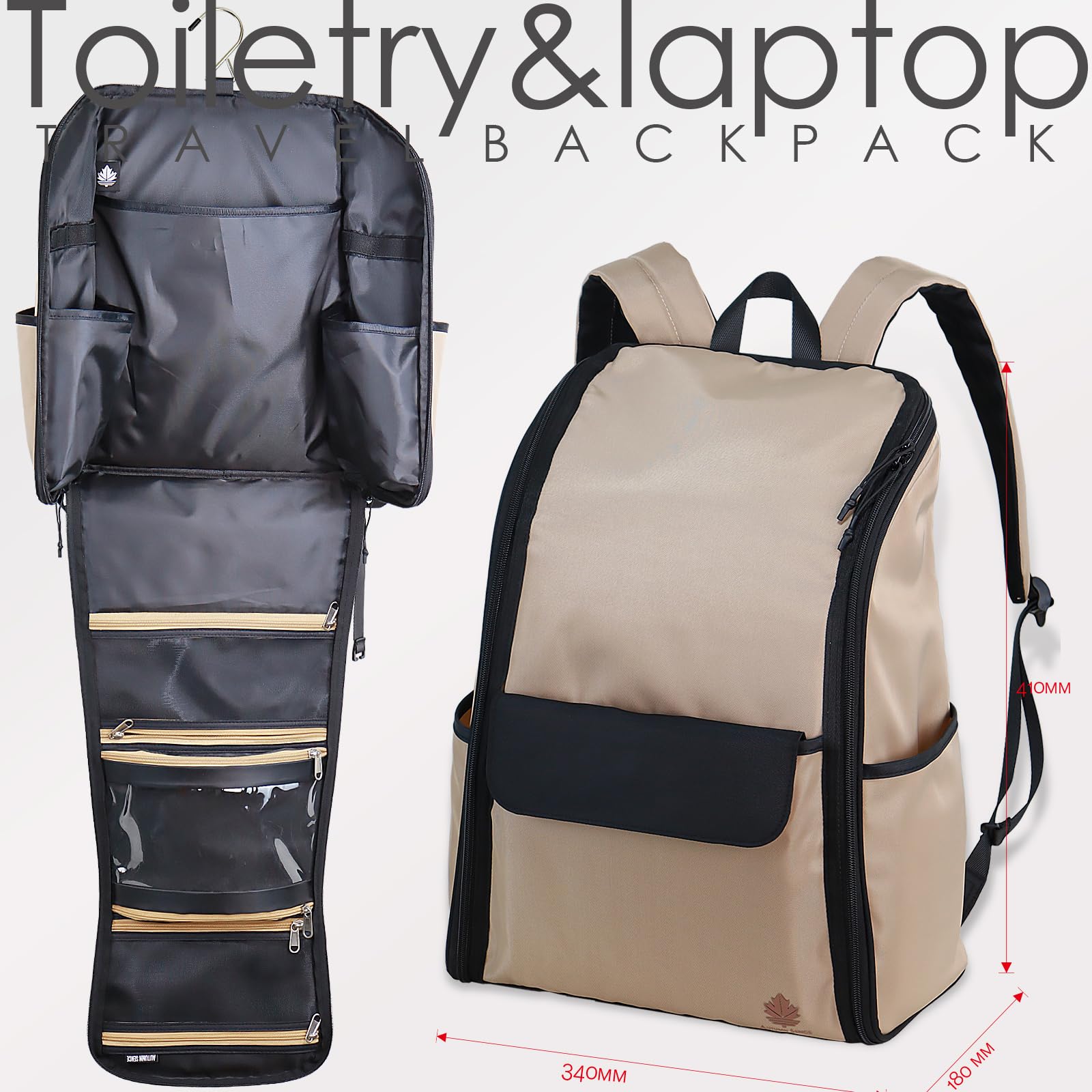 Autumn Sence khaki travel laptop backpack with hanging toiletry organizer and water-repellent hygiene bag, large and durable.