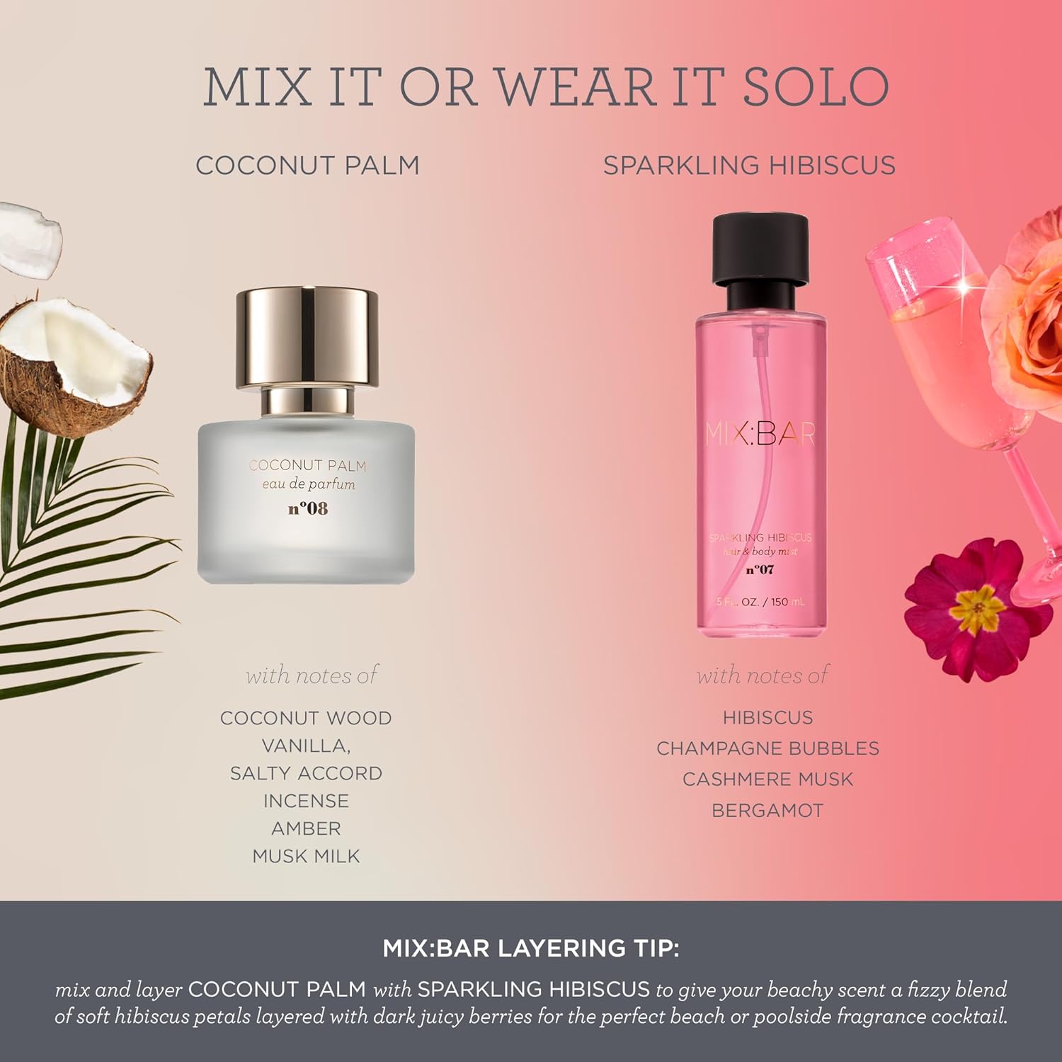 MIX:BAR Coconut Palm perfume for women in a sleek Eau de Parfum spray bottle with tropical scent and floral notes.