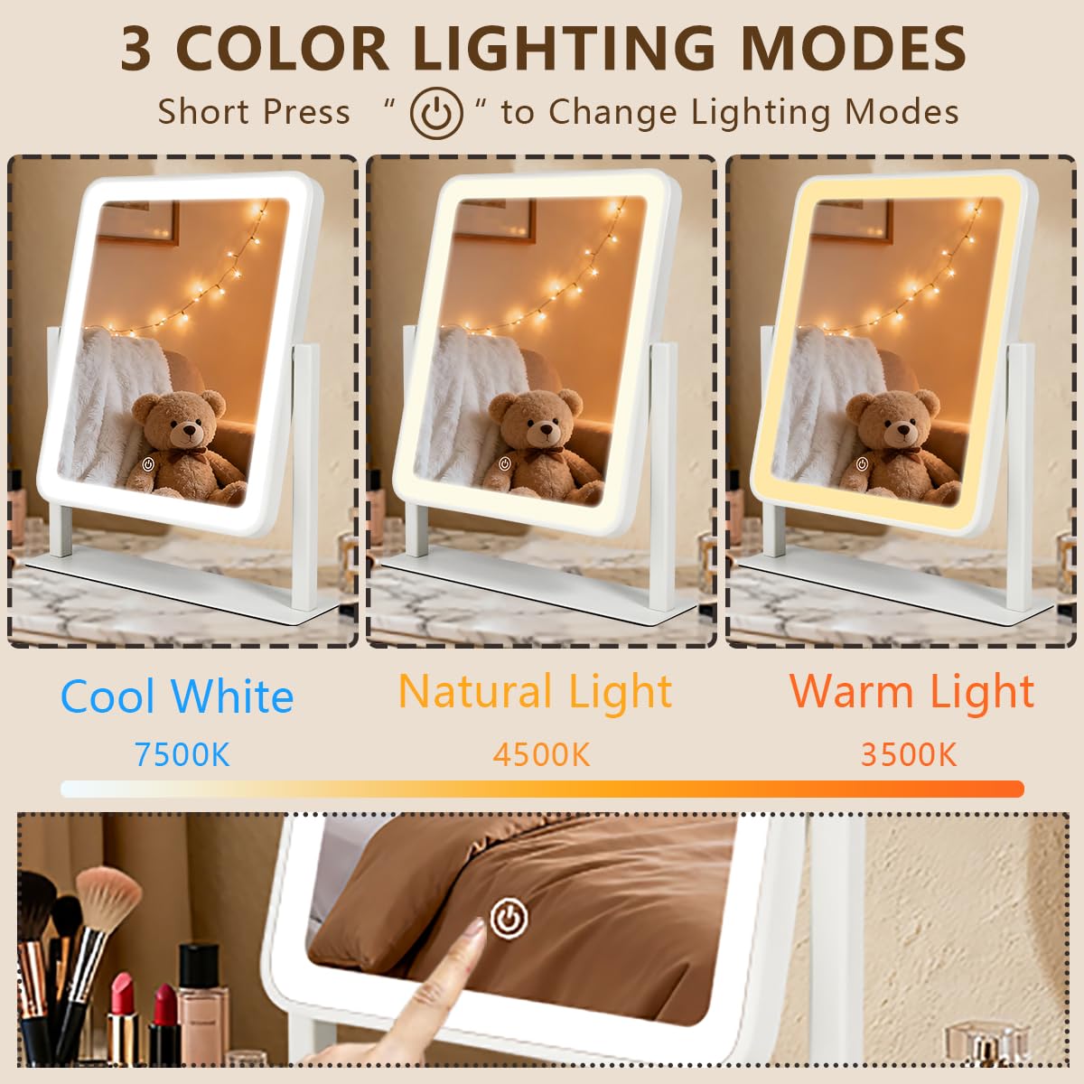 YEKKOPT Vanity Mirror with Lights, 12"x10" LED Makeup Mirror, 3 C - YEKKOPT Official Product View 4