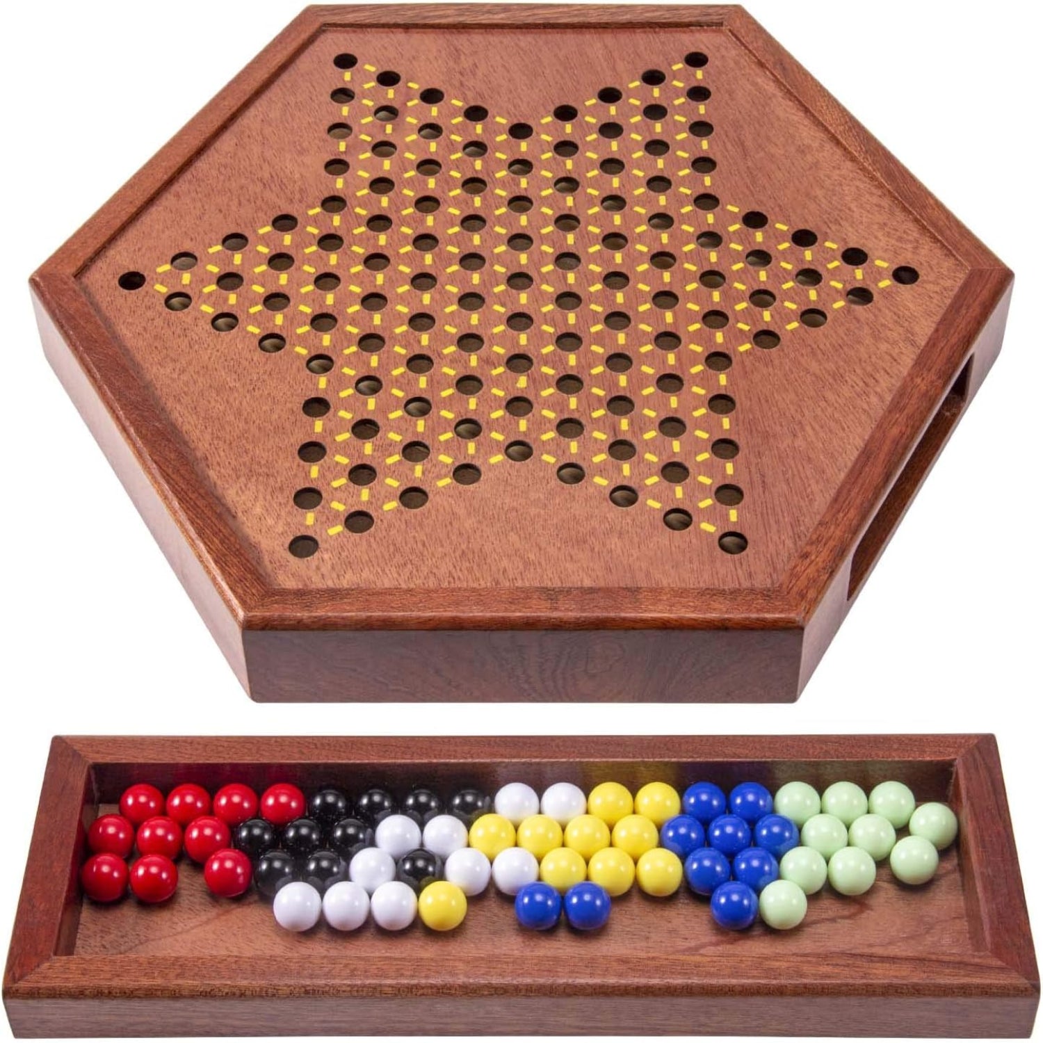 AMEROUS 12.5-inch wooden Chinese checkers set with storage drawer, featuring colorful marbles and a smooth wooden board.