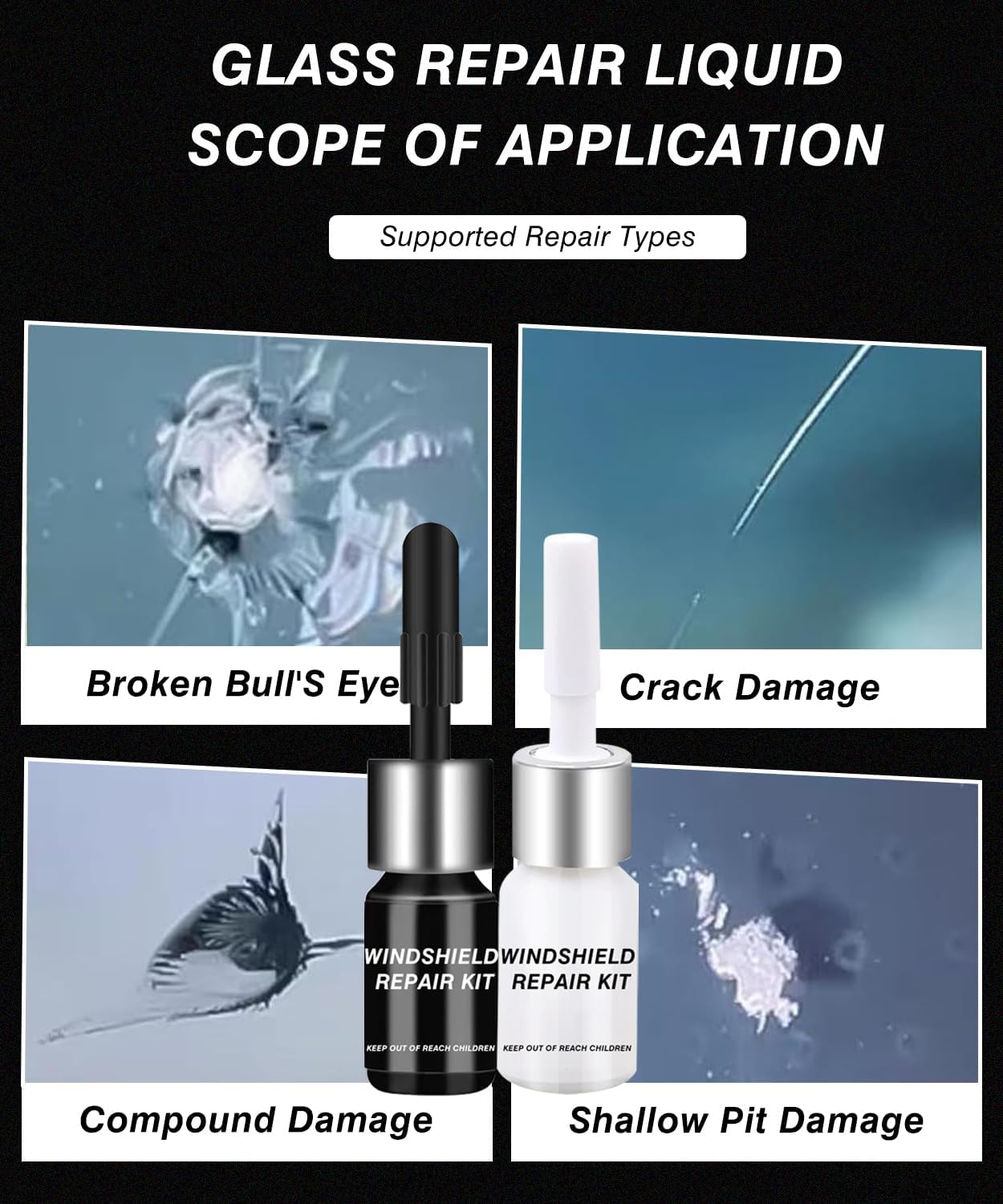 FTSJVE windshield repair kit for chips and cracks, includes tools for fixing small damages on car windshields.
