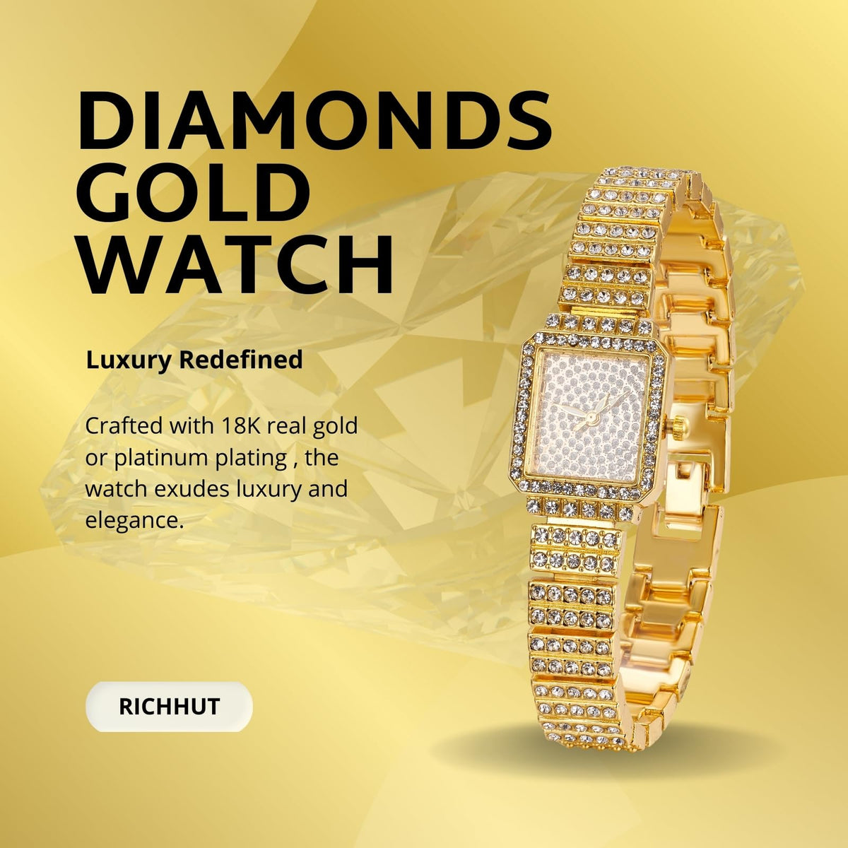 Diamond Watch for Women Iced Out Rectangle Dial 27MM Wide - richhut Official Imagery - 3