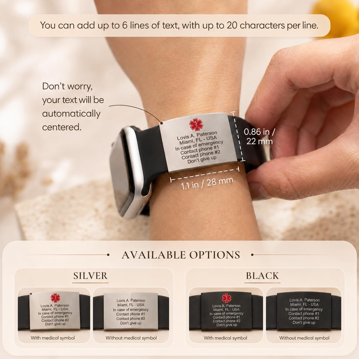 MIA·MIA Alert ID Tag for Watch Band, Laser Engraved Apple Watch Safety - View 6