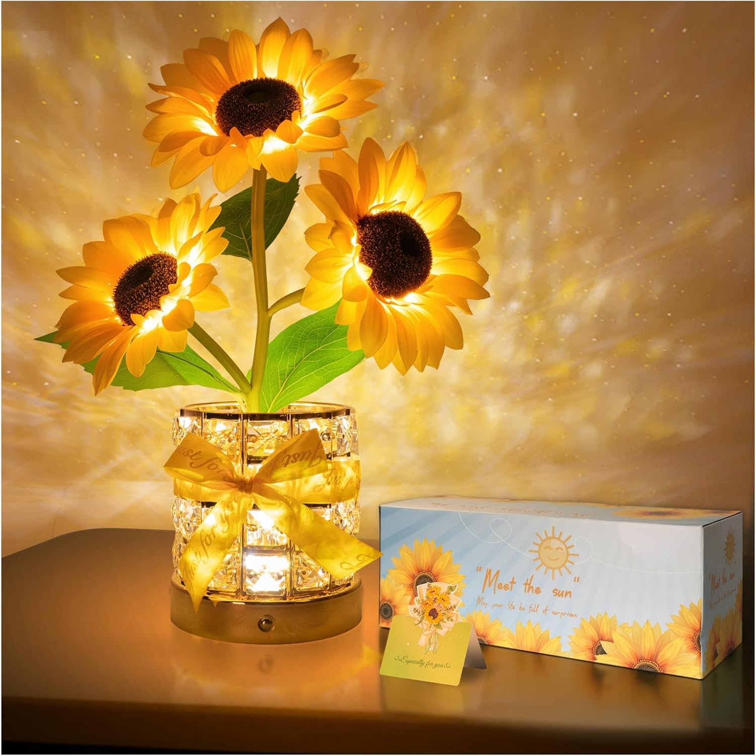 Sunflower LED lamp by YWYWLED with USB rechargeable touch control, featuring three color options and a sunflower design.