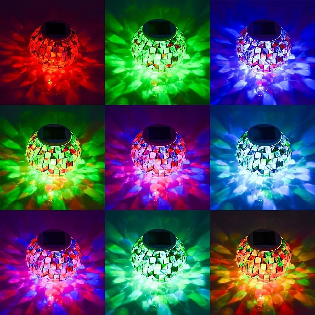 Aukora color-changing solar-powered glass ball garden light emitting vibrant colors, used as a table lamp or outdoor decor