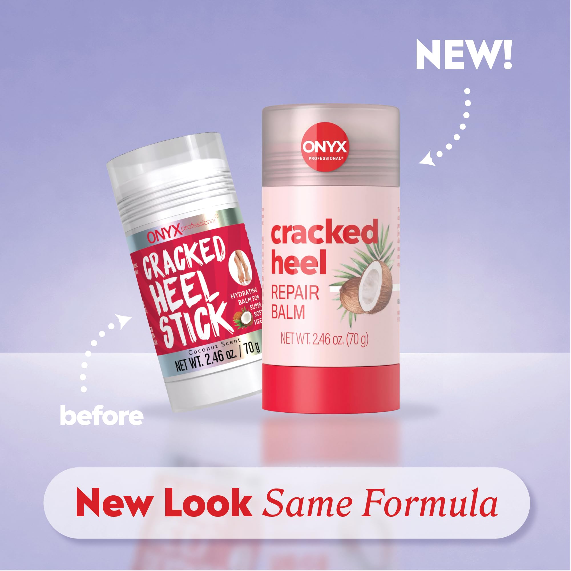 Onyx Professional Heel Repair Balm Stick with coconut for moisturizing and repairing dry, cracked heels.