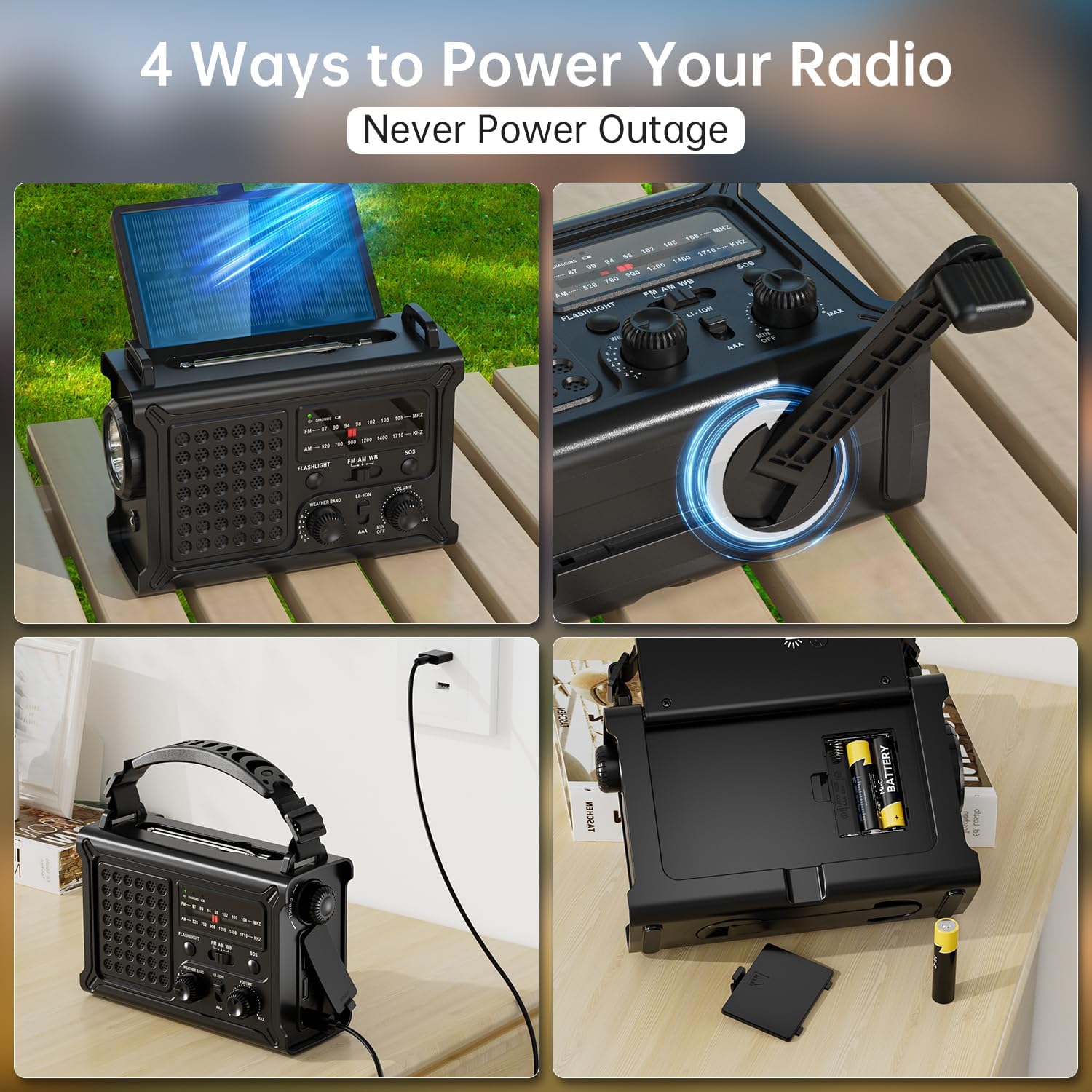 PPLEE NOAA emergency weather radio with solar and hand crank, portable AM/FM radio with 12000mAh battery for outdoor use