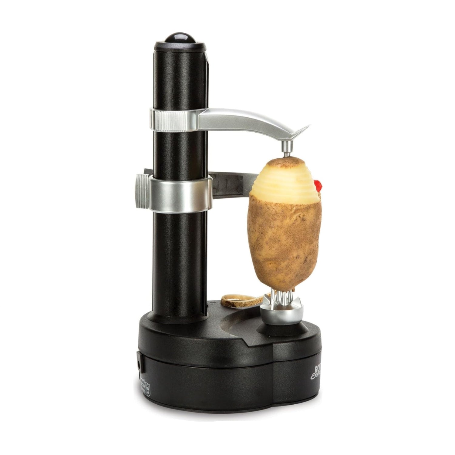 Starfrit Rotato Express electric vegetable peeler with two spare blades, showcasing its compact design and safety features.