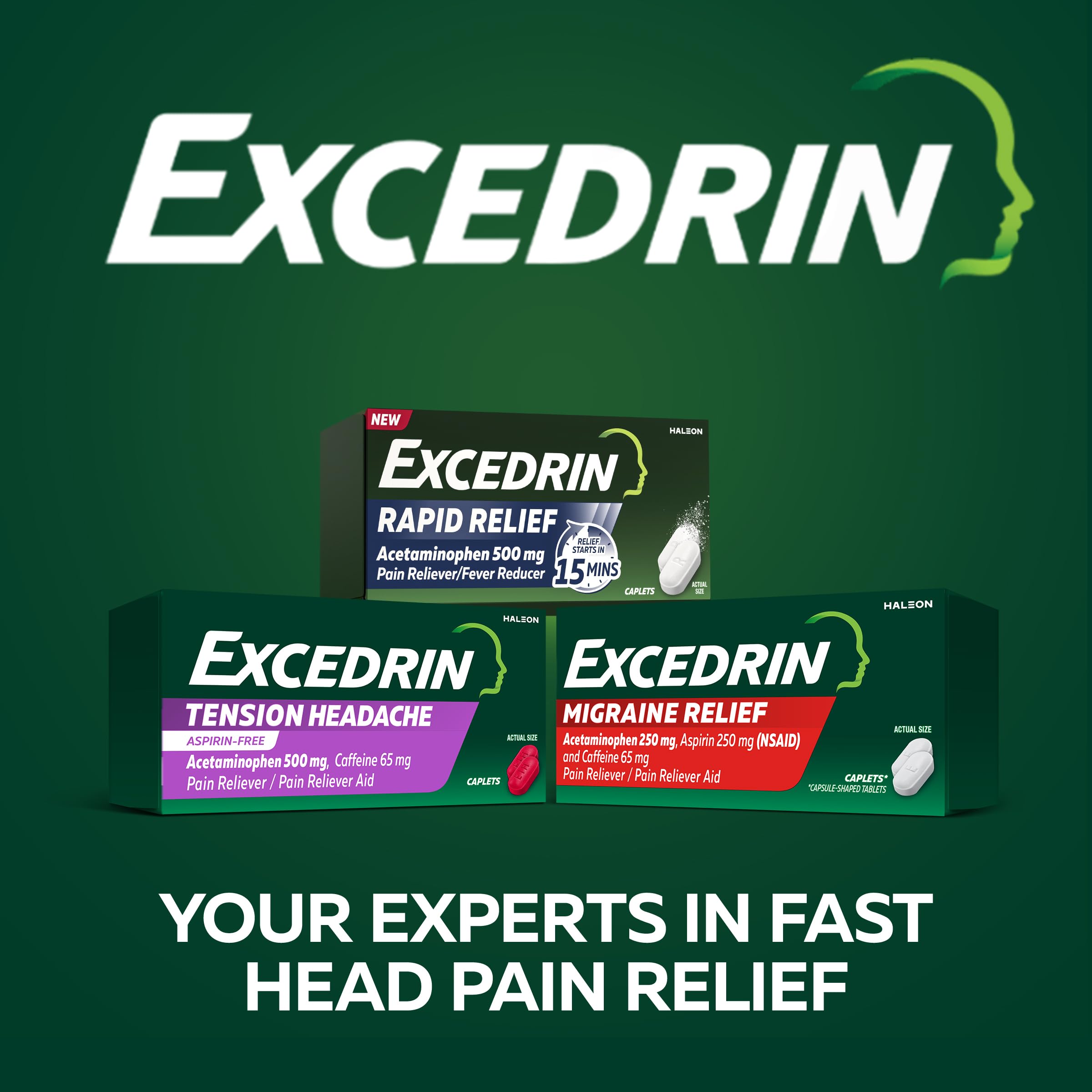 Excedrin Rapid Relief caplets with 500mg acetaminophen, 160 count bottle of medication for headache relief.
