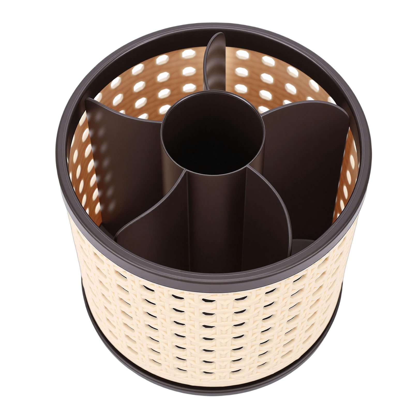 Serounder 360° rotating brown makeup brush holder organizer caddy with multiple compartments for cosmetics and tools.