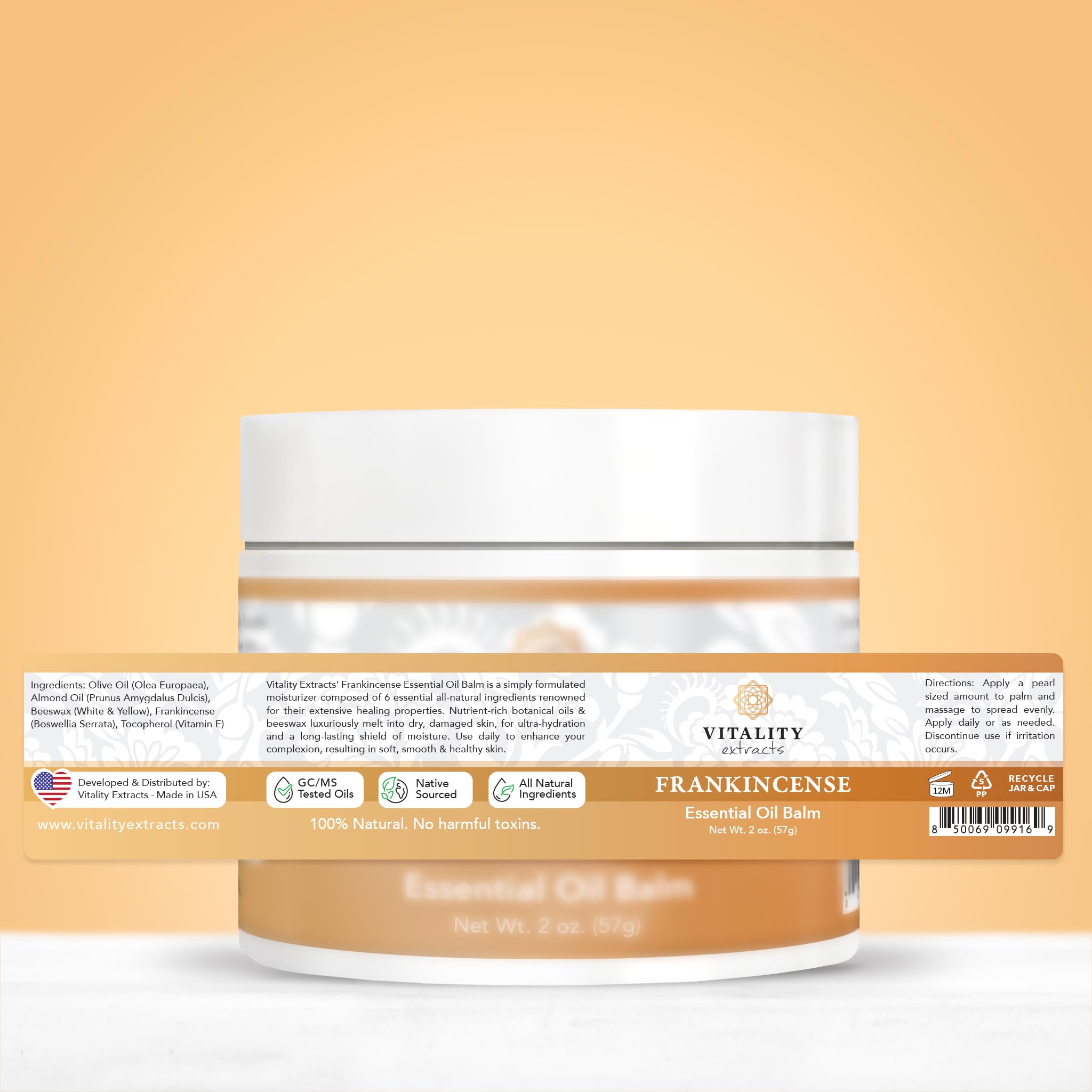 Vitality Frankincense Balm skin moisturizer with beeswax and vitamin E, showing the jar and natural balm texture.
