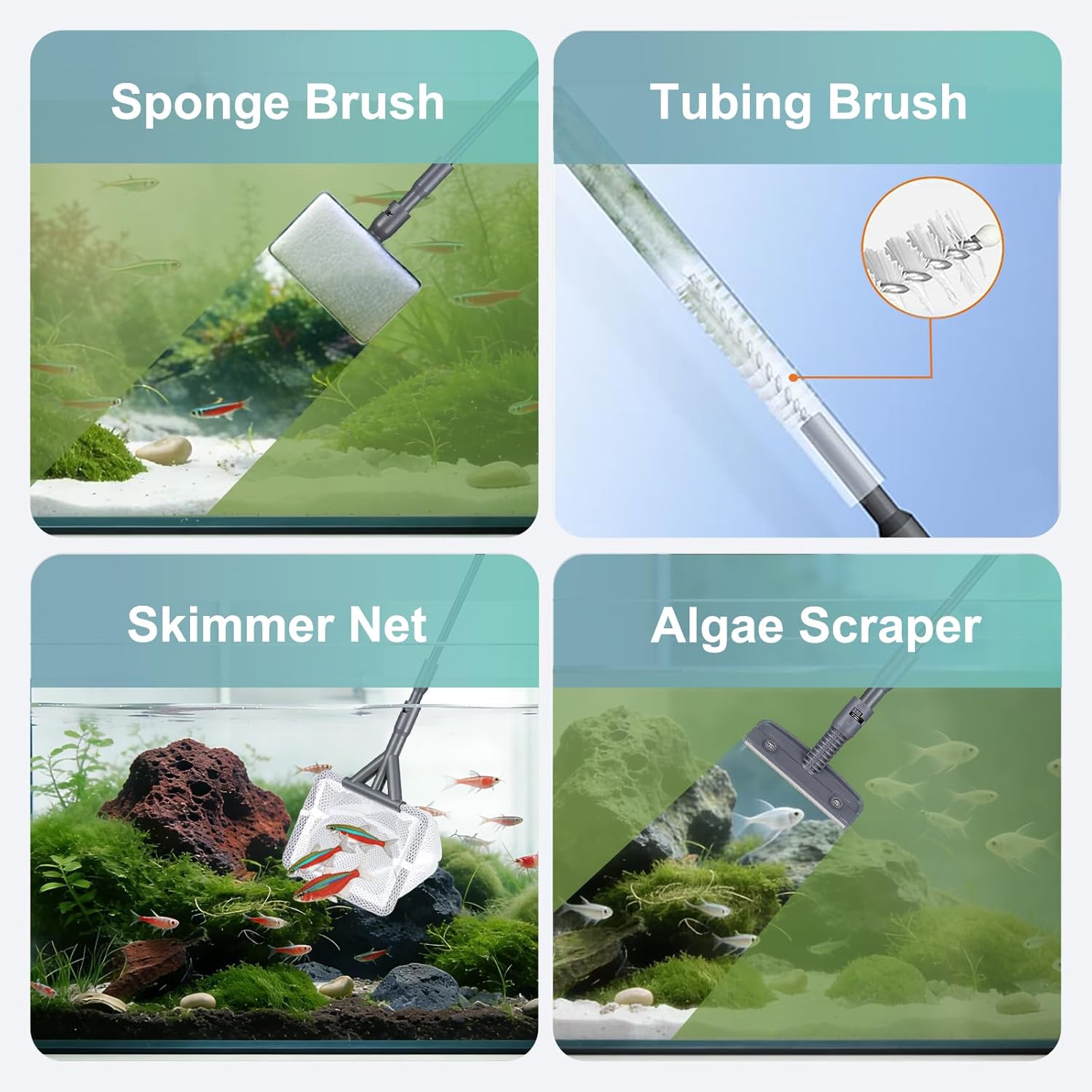 Carefree Fish 7-in-1 aquarium cleaning tools set with long handle, algae scraper, scrubber brushes, plant scissors, and tweezers for fish tanks.