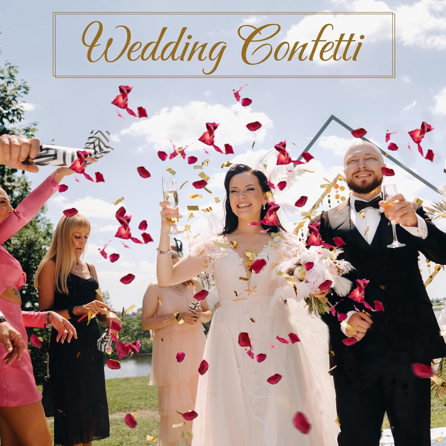 Oning biodegradable red rose petals wedding confetti spread out, showing dried flower petals in a natural setting.