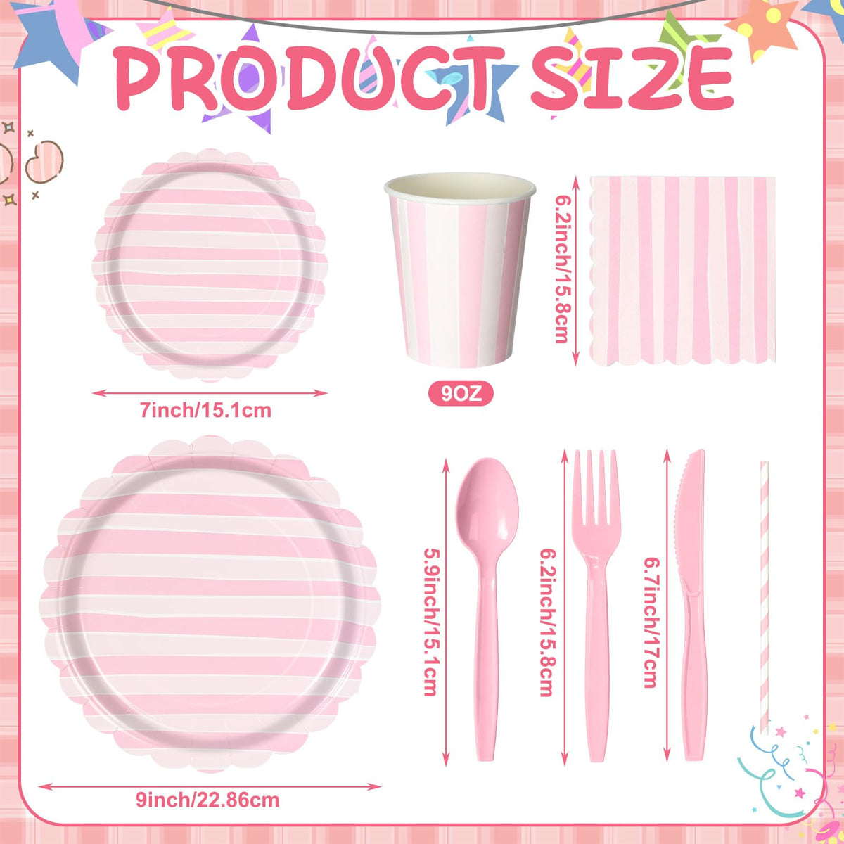 Potchen 220 Pcs Pastel Stripe Plate Party Decor Supplies for - Potchen Official Imagery - 3