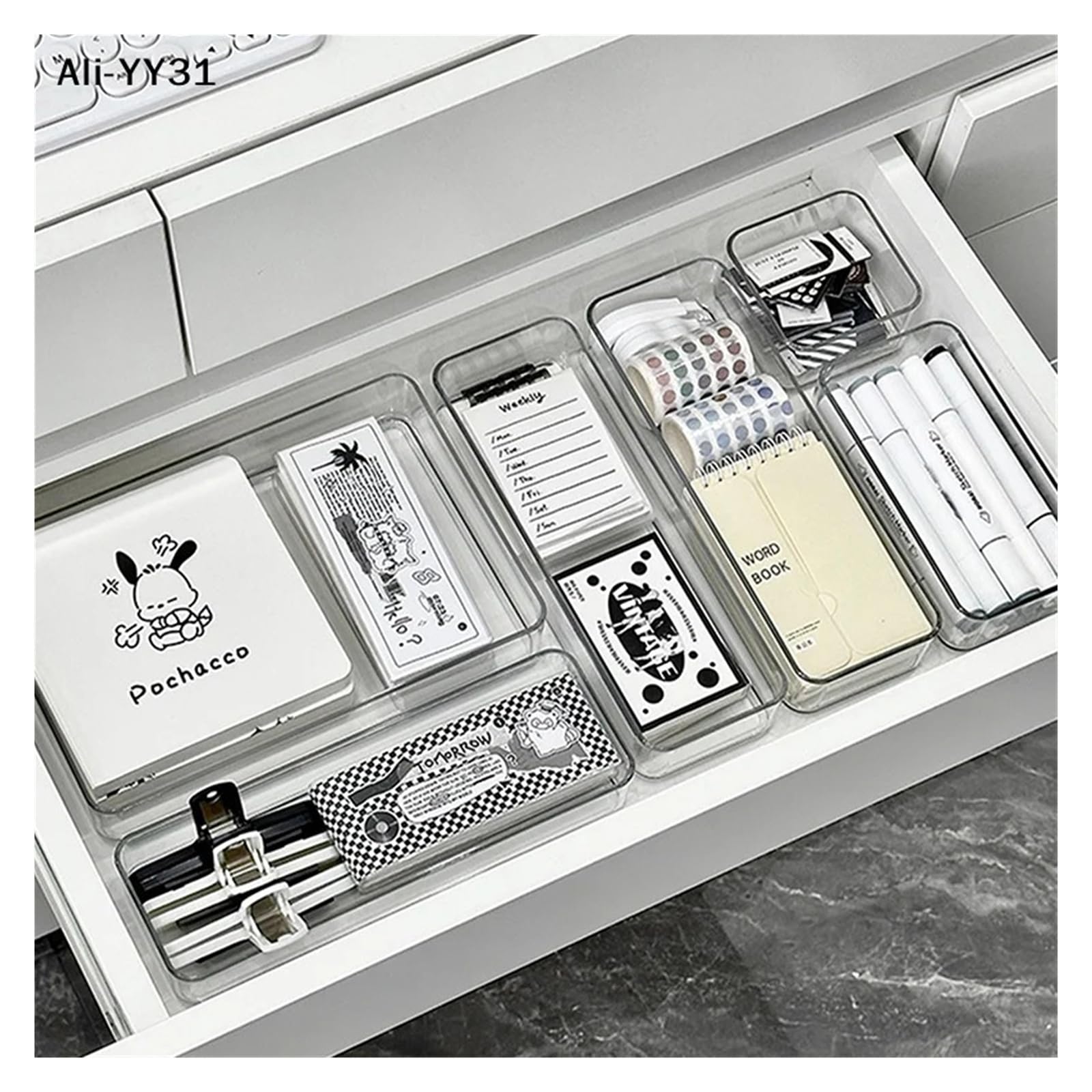 Stackable acrylic drawer organizer caddy with adjustable dividers, ideal for cosmetics and modular makeup storage.