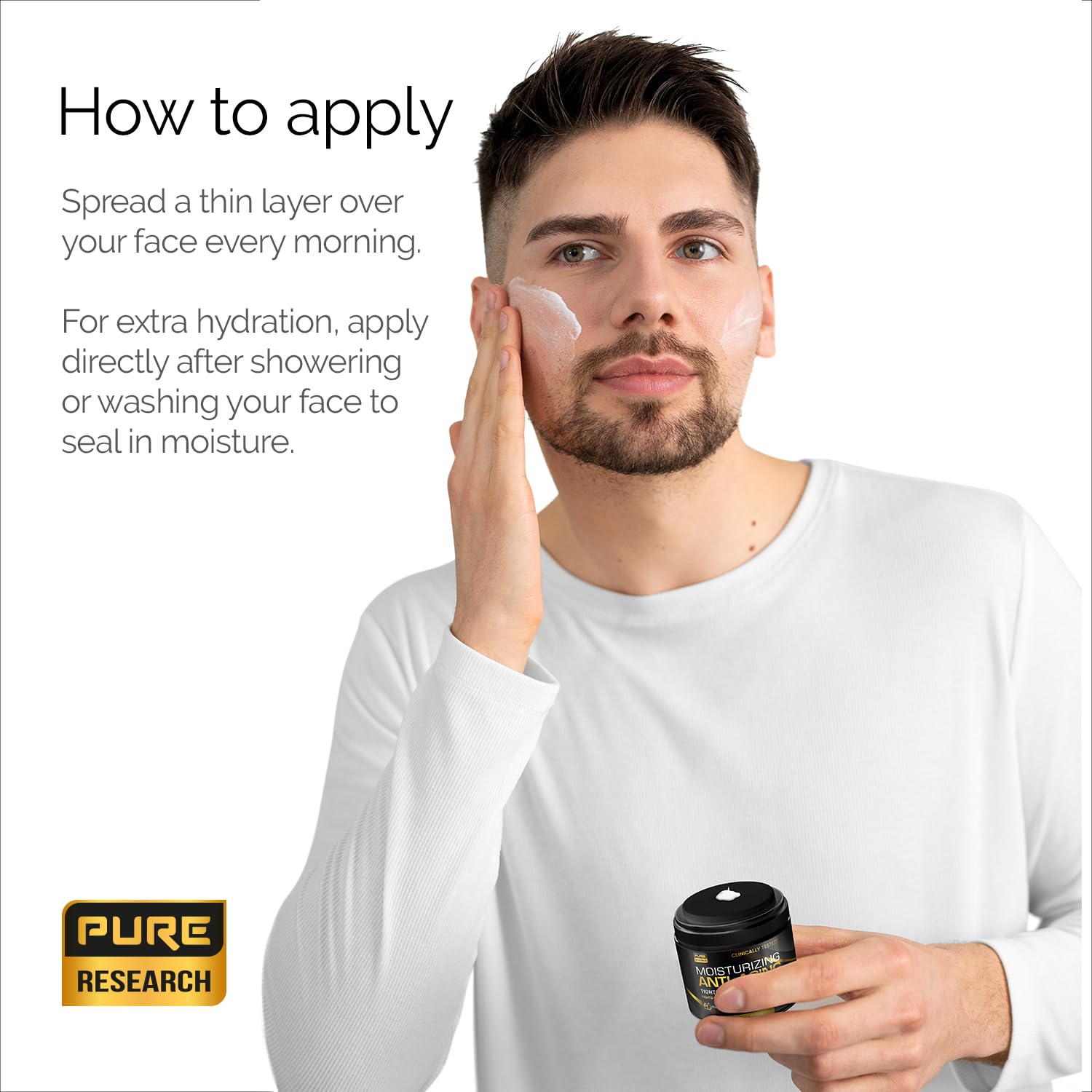 Men's face moisturizer by PURE RESEARCH, anti-aging cream with collagen, featuring a sleek jar with a white lid and cream inside.