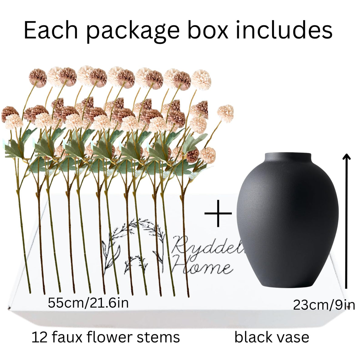 RyddeligHome 12 Stems Fake Mum Flowers with Black Vase for - RyddeligHome Official Imagery - 3
