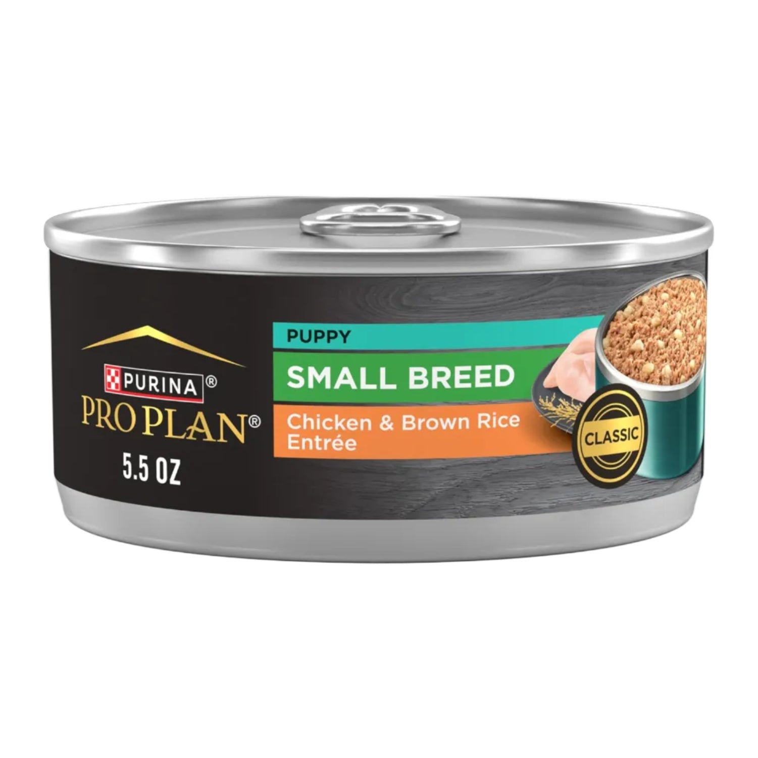 Elefair Purina Pro Plan Puppy small breed wet dog food with chicken and brown rice in a serving bowl.