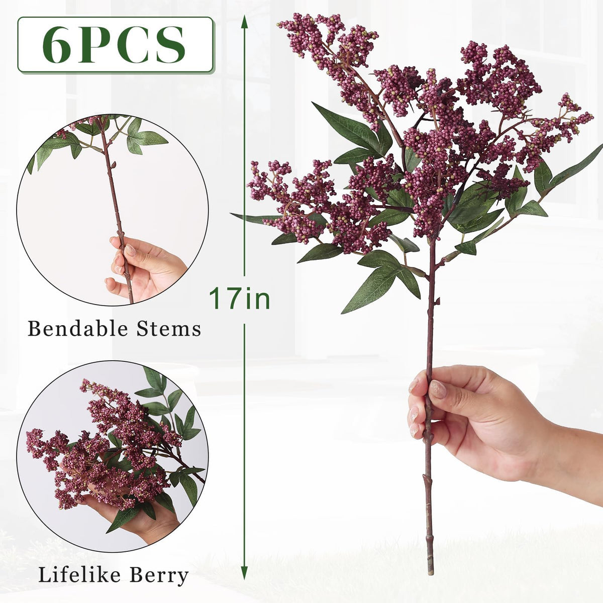 6Pcs 17 Lifelike Artificial Nandina Berry Stems for Vase - Juxdp Official Imagery - 3