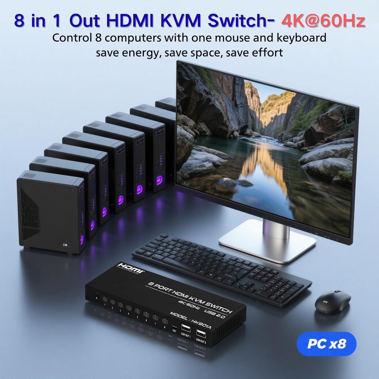 DGODRT 8 Port HDMI KVM switch showing multiple HDMI cables connected to 8 computers and a remote control for easy switching.